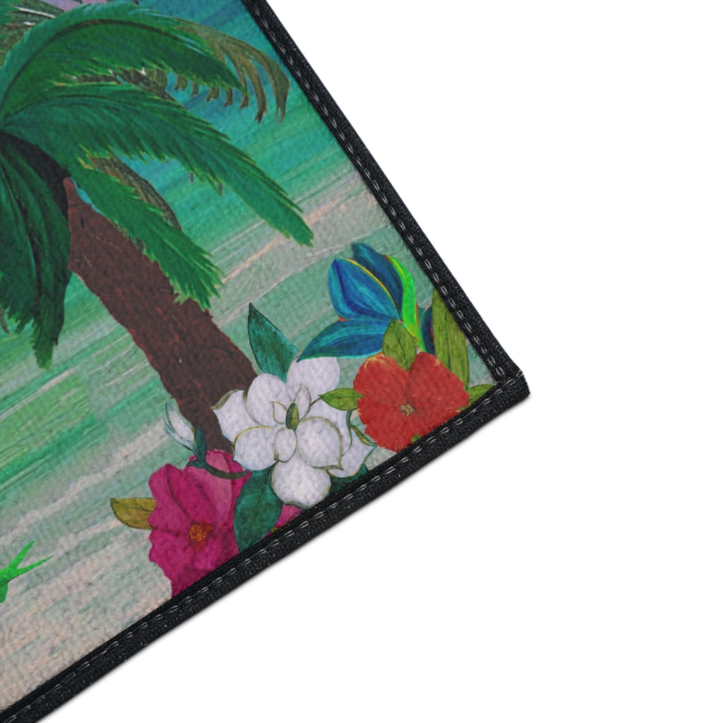 Tropical Beach Floor Mat — Palm Trees, Adirondack Chairs & Floral Welcome Doormat