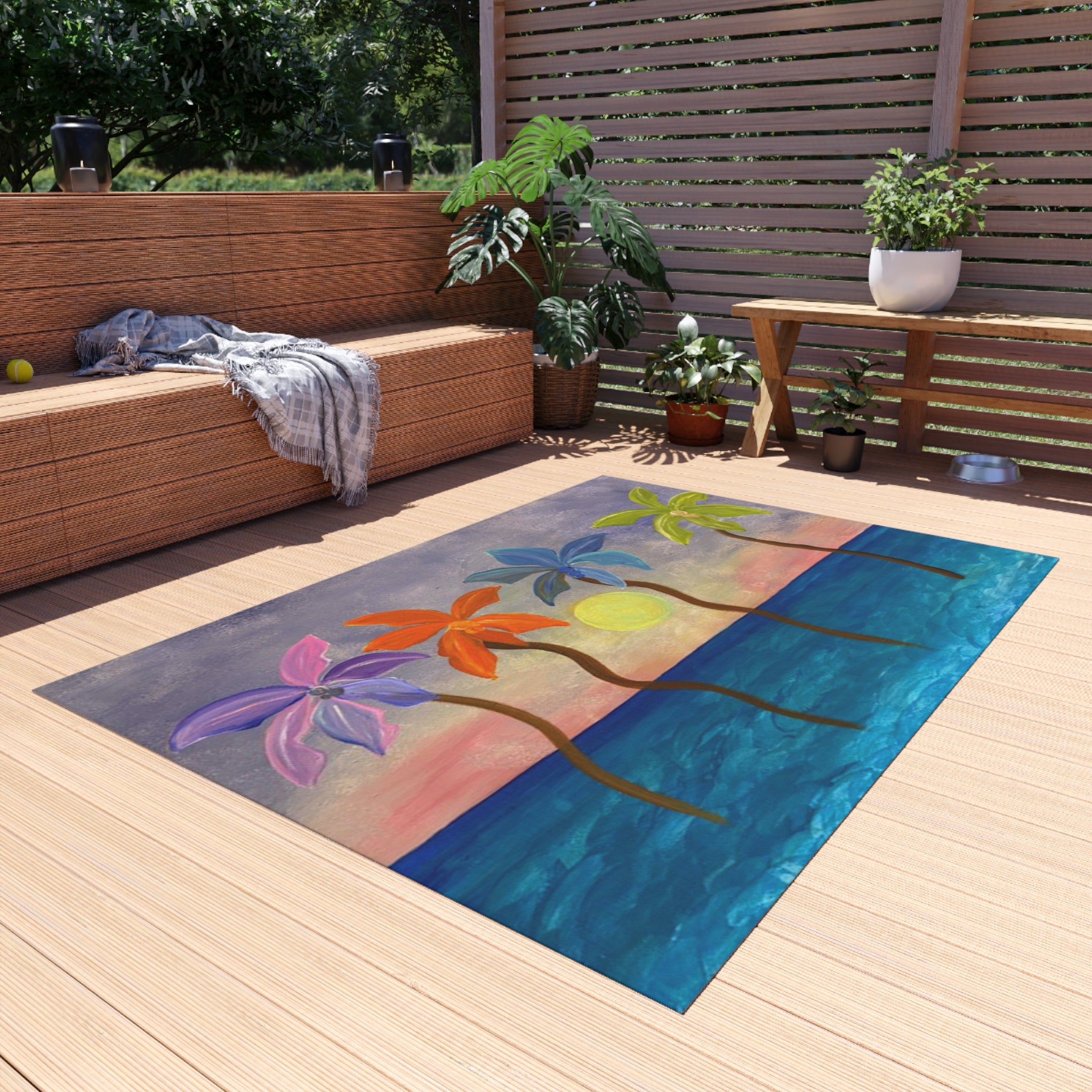 Tropical Sunset Palm Outdoor Rug — Colorful Beach Scene Mat for Patio, Deck & Pool