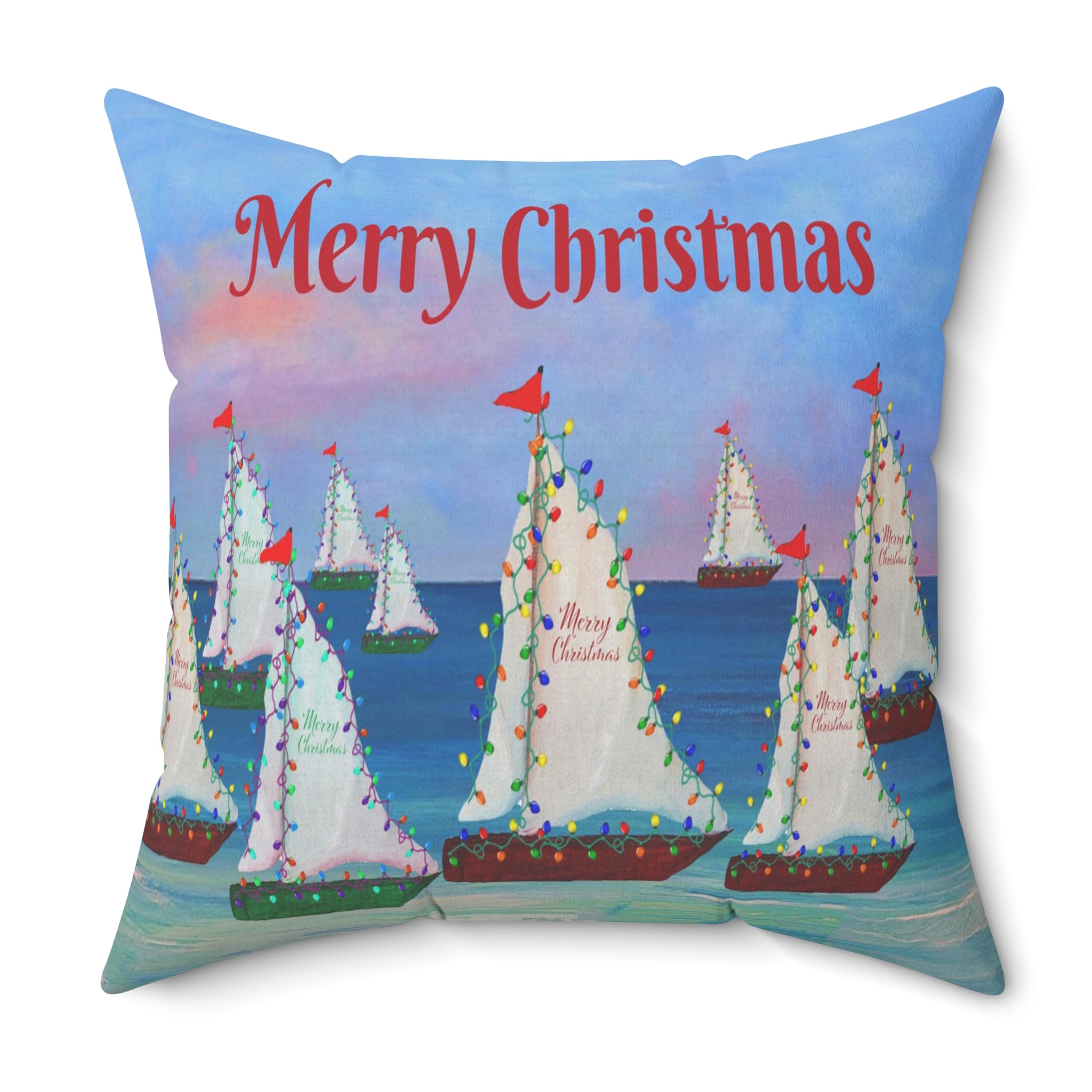 Merry Christmas Sailboat Pillow — Coastal Holiday Decorative Throw Pillow