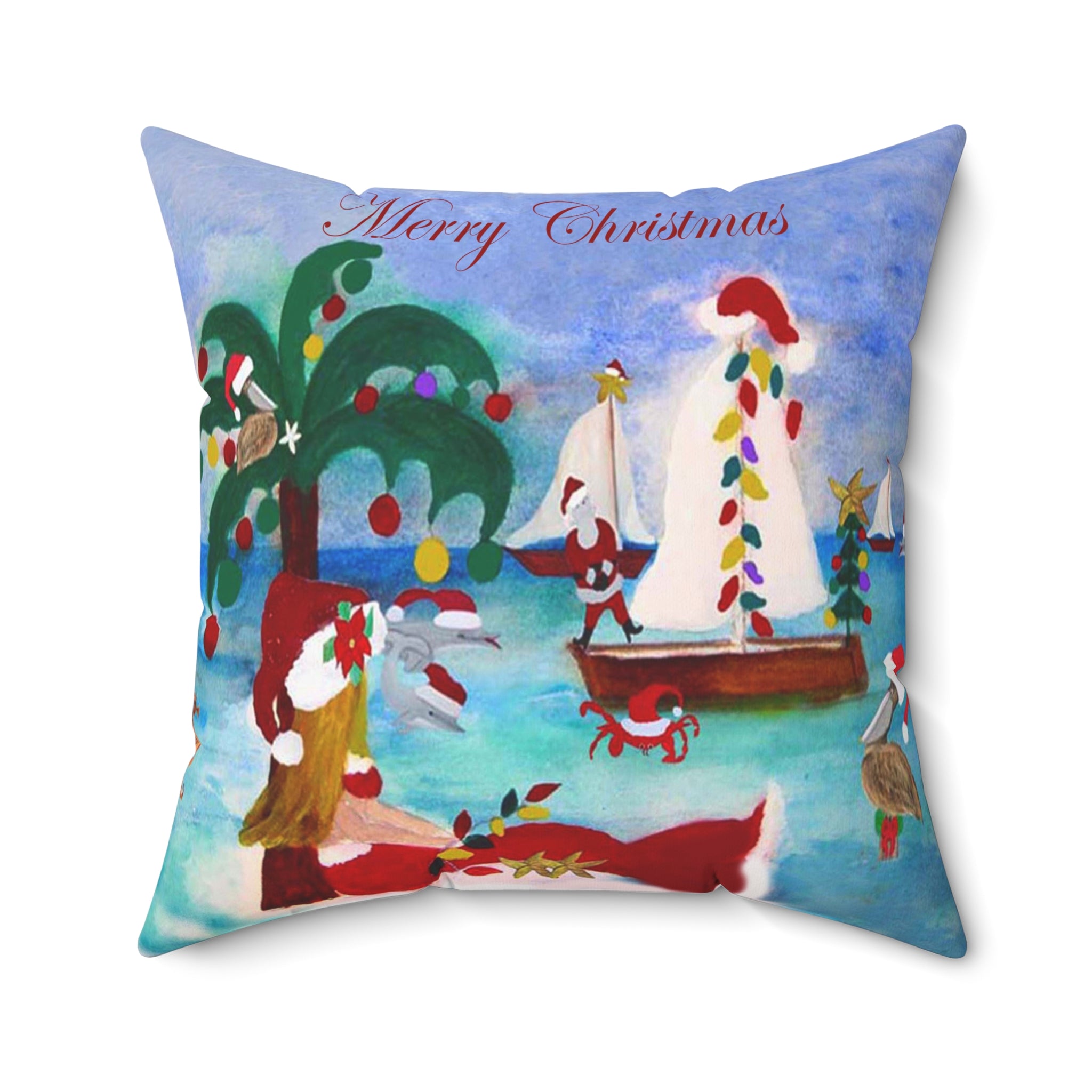 Christmas Coastal Pillow — 'Merry Christmas' Tropical Santa Decorative Throw Pillow