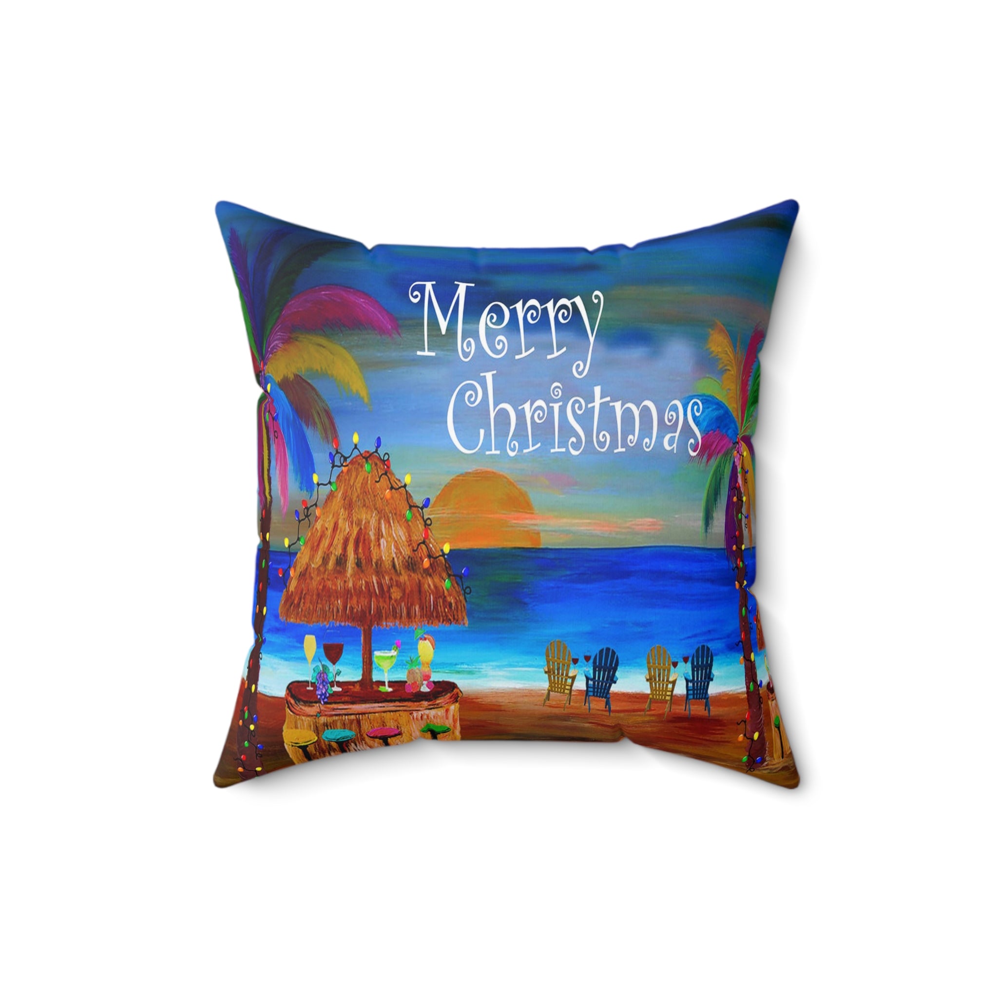 Tropical "Merry Christmas" Beach Pillow — Holiday Luau Decorative Throw Pillow
