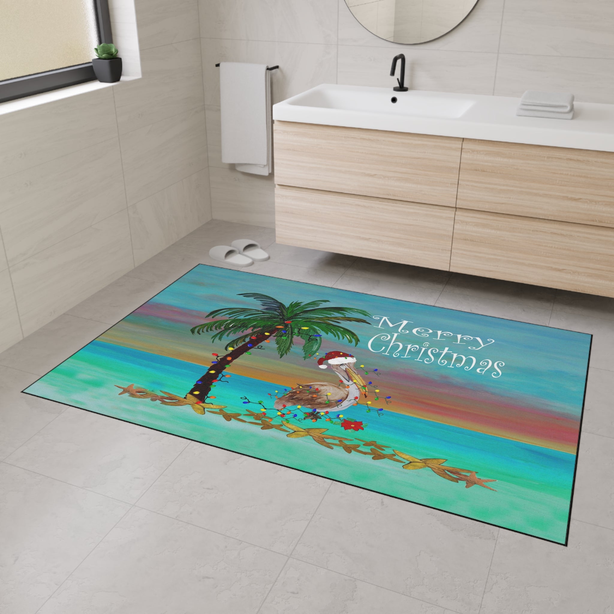 Christmas Beach Floor Mat — 'Merry Christmas' Pelican & Palm Holiday Doormat