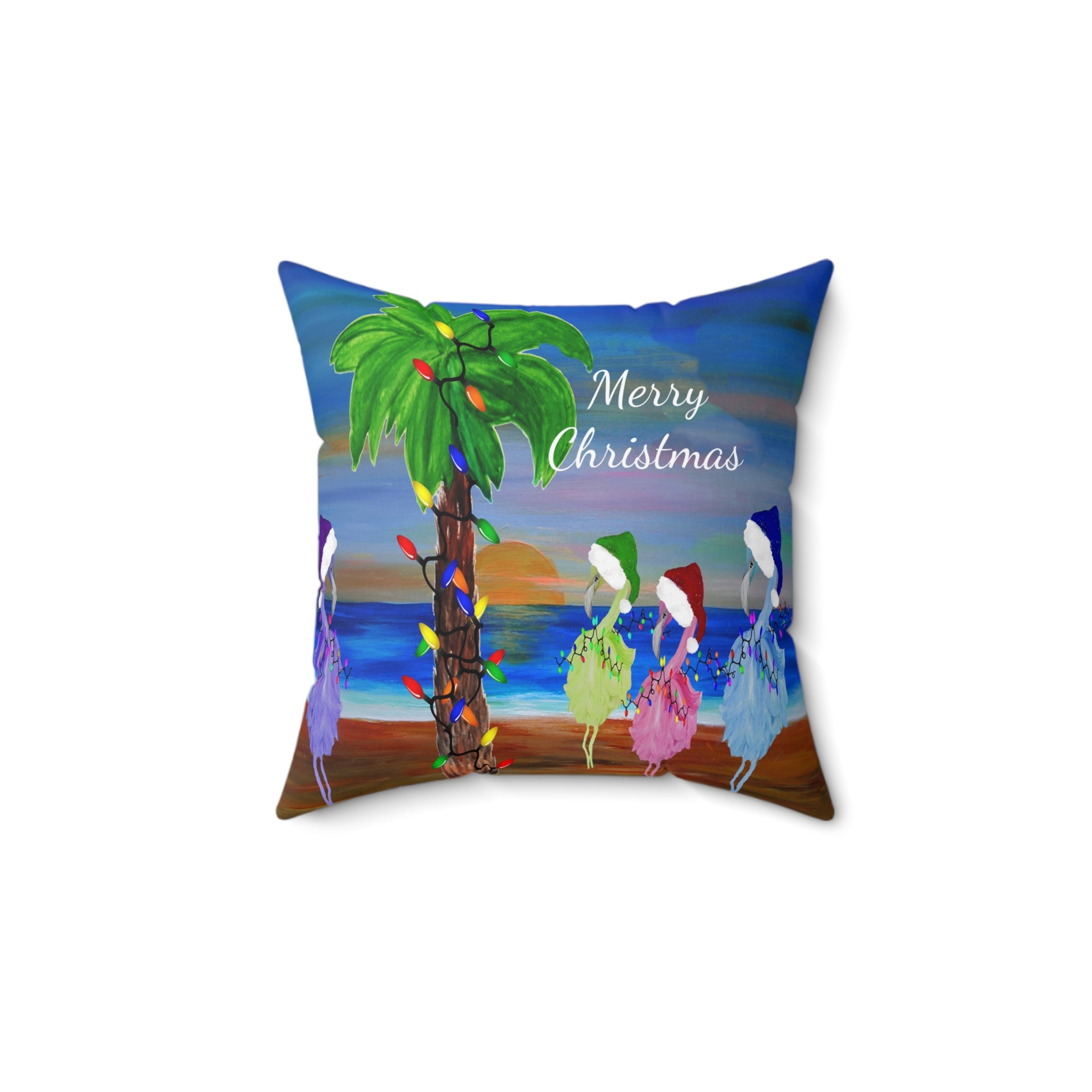 Flamingos Merry Christmas Tropical Palm Pillow — Festive Beach Holiday Decor