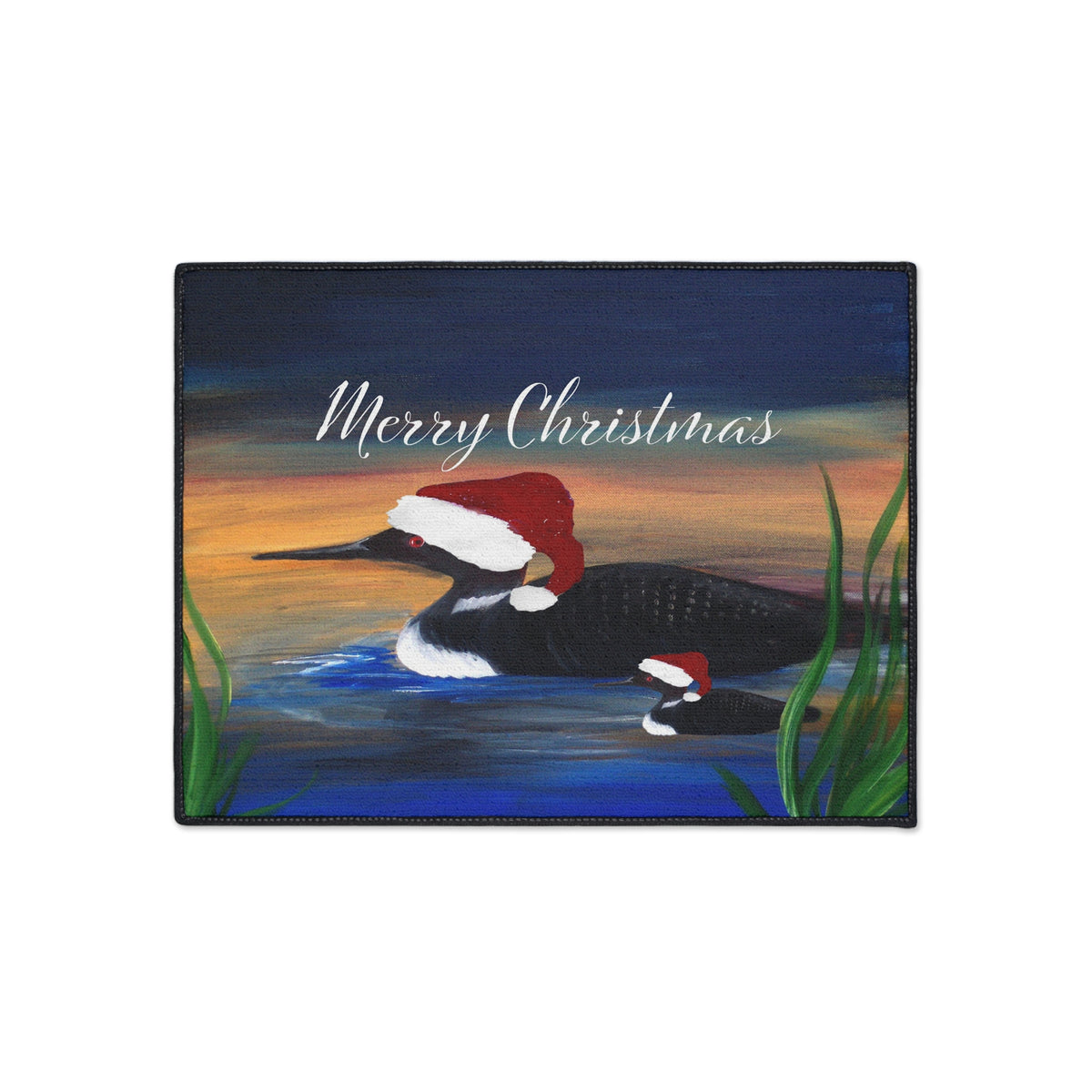Christmas Loon Rug Doormat - "Merry Christmas" Holiday Waterfowl Floor Mat