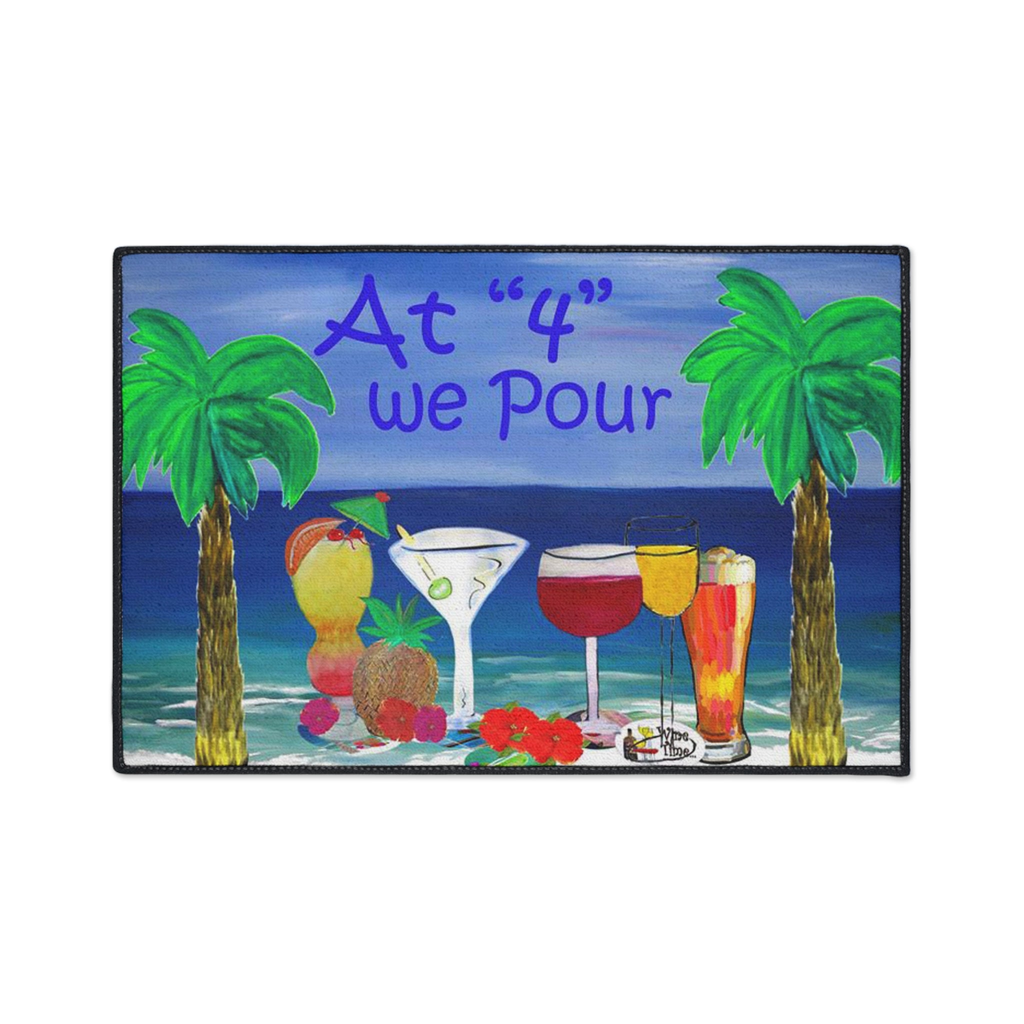 Heavy Duty Floor Mat — "At '4' We Pour" Tropical Cocktail Beach Design