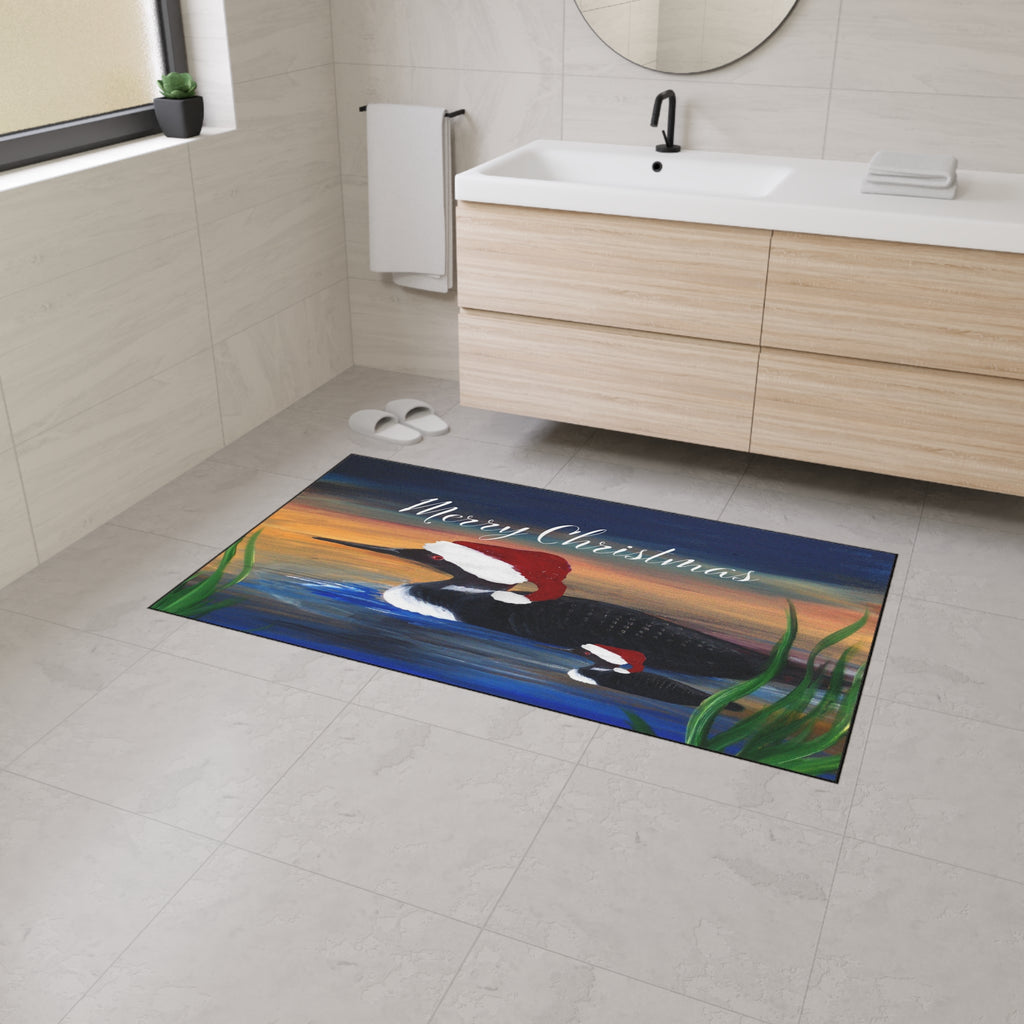 Christmas Loon Rug Doormat - "Merry Christmas" Holiday Waterfowl Floor Mat