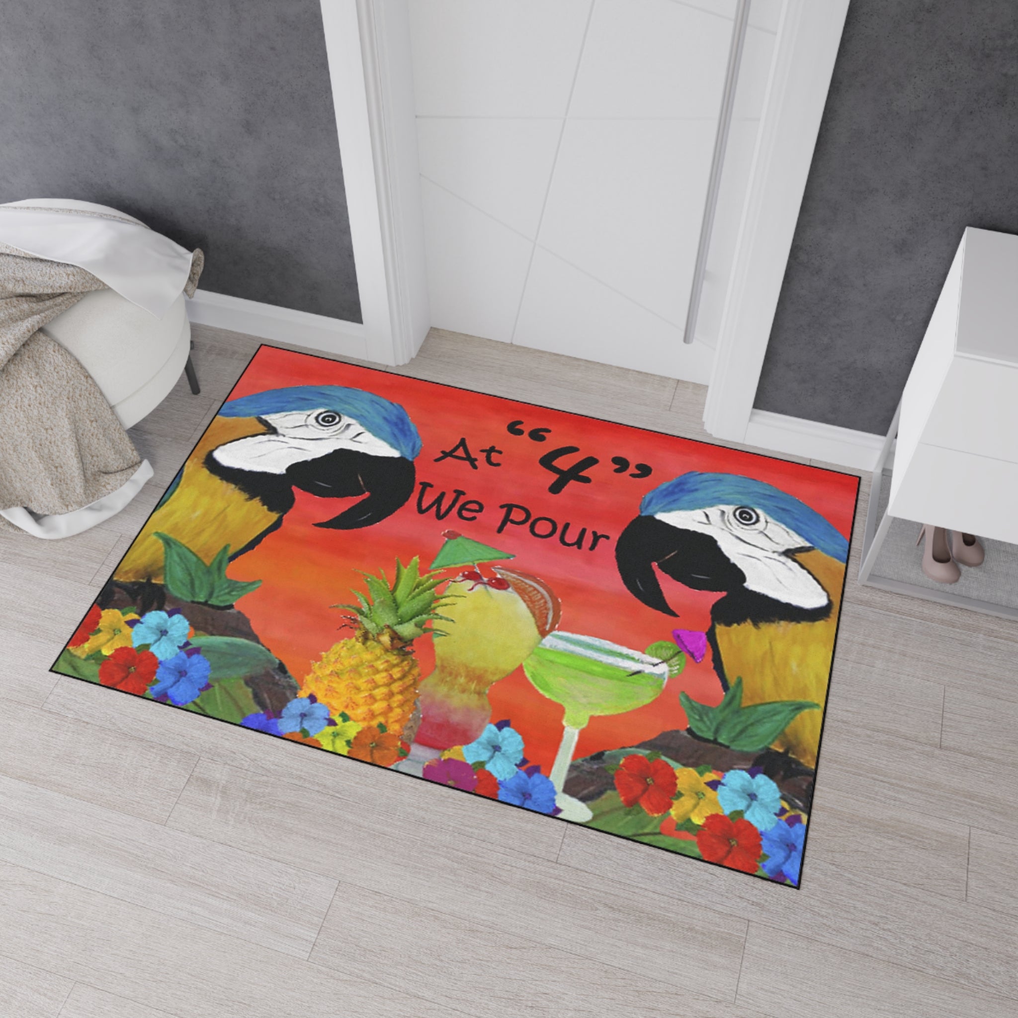 Tropical Parrot Floor Mat — "At 4 We Pour" Bar Welcome Doormat