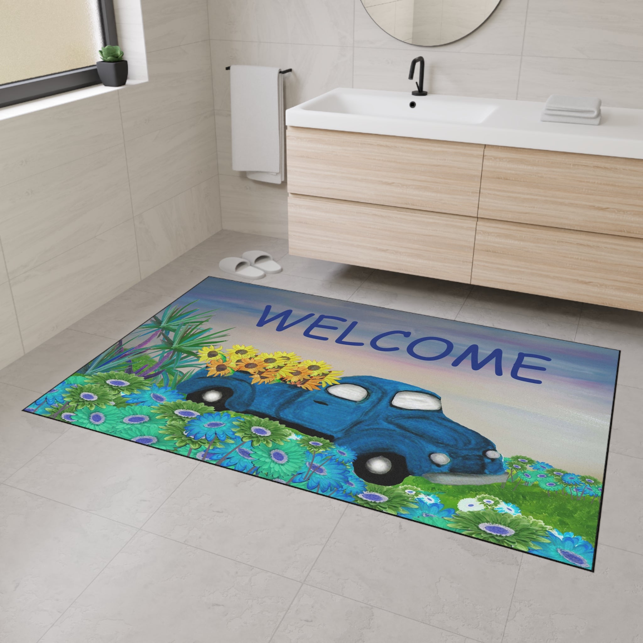 Welcome Blue Truck Doormat - Heavy Duty Floor Mat with Sunflowers