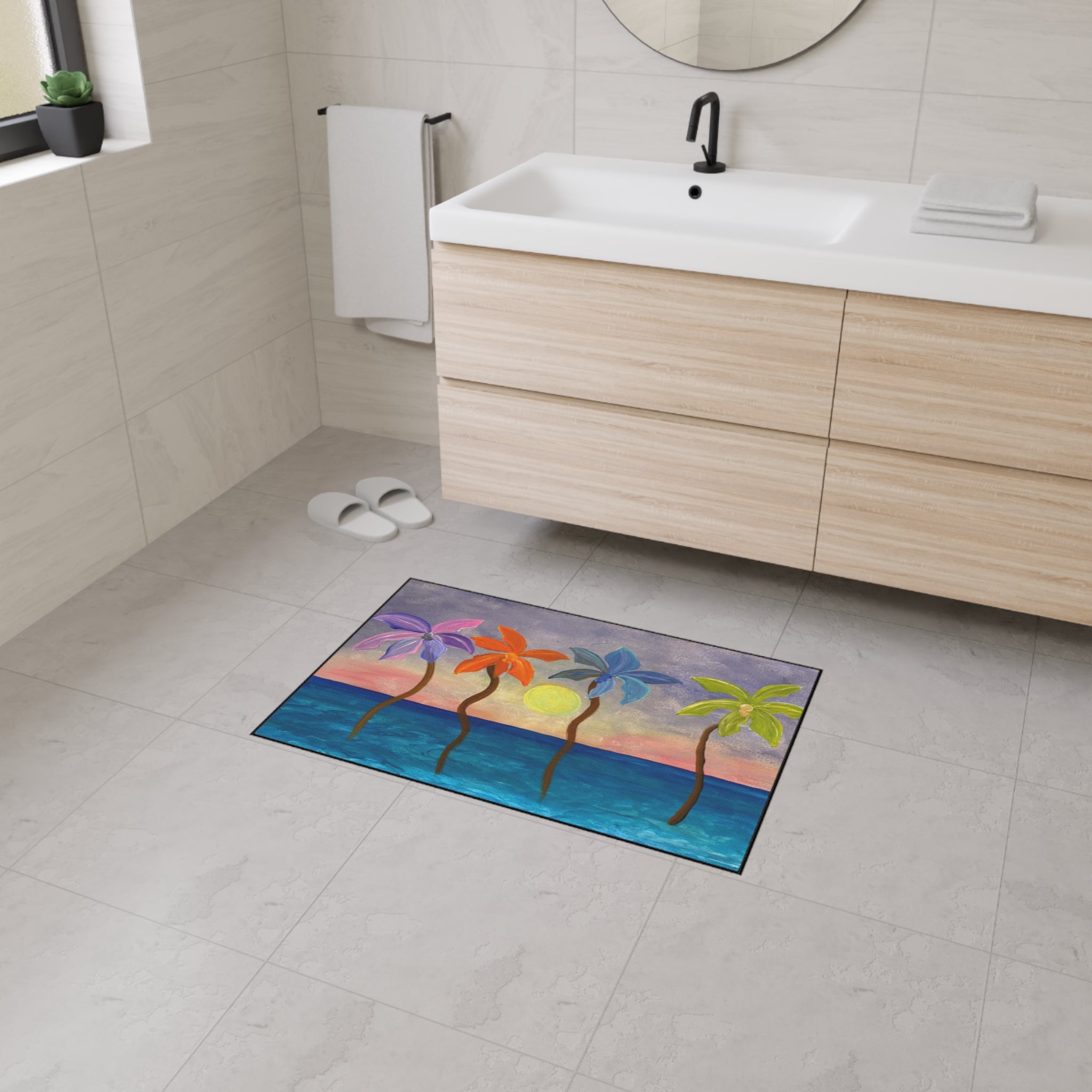 Tropical Sunset Colorful Palm Trees Floor Mat