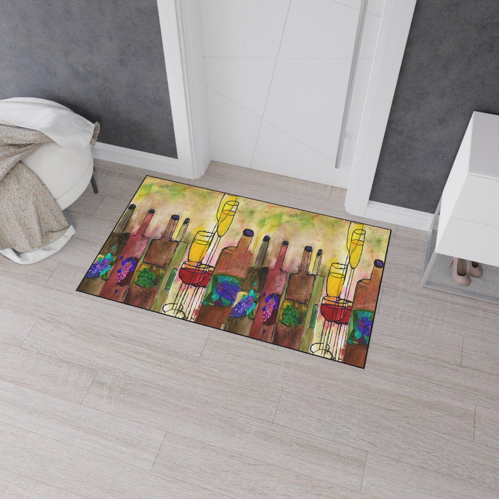 Wine Bottle Art Heavy Duty Floor Mat Vineyard Bar Colorful Grapes & Glasses Entry Rug