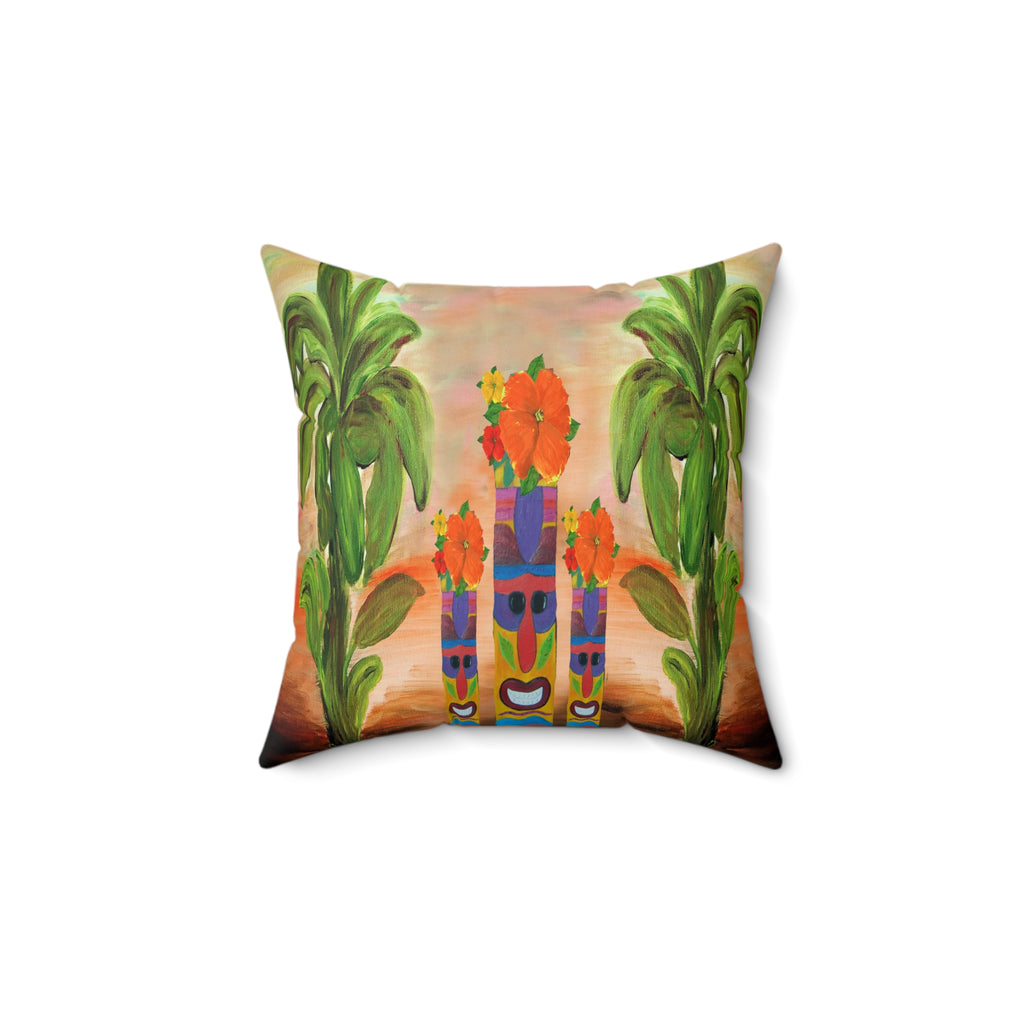 Tropical Tiki Flower Square Pillow — Tiki Man Totem Palm Throw