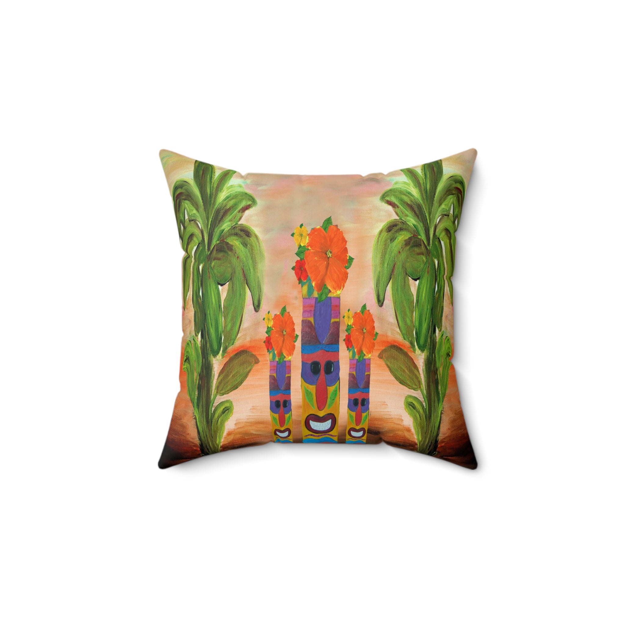 Tropical Tiki Flower Square Pillow — Tiki Man Totem Palm Throw