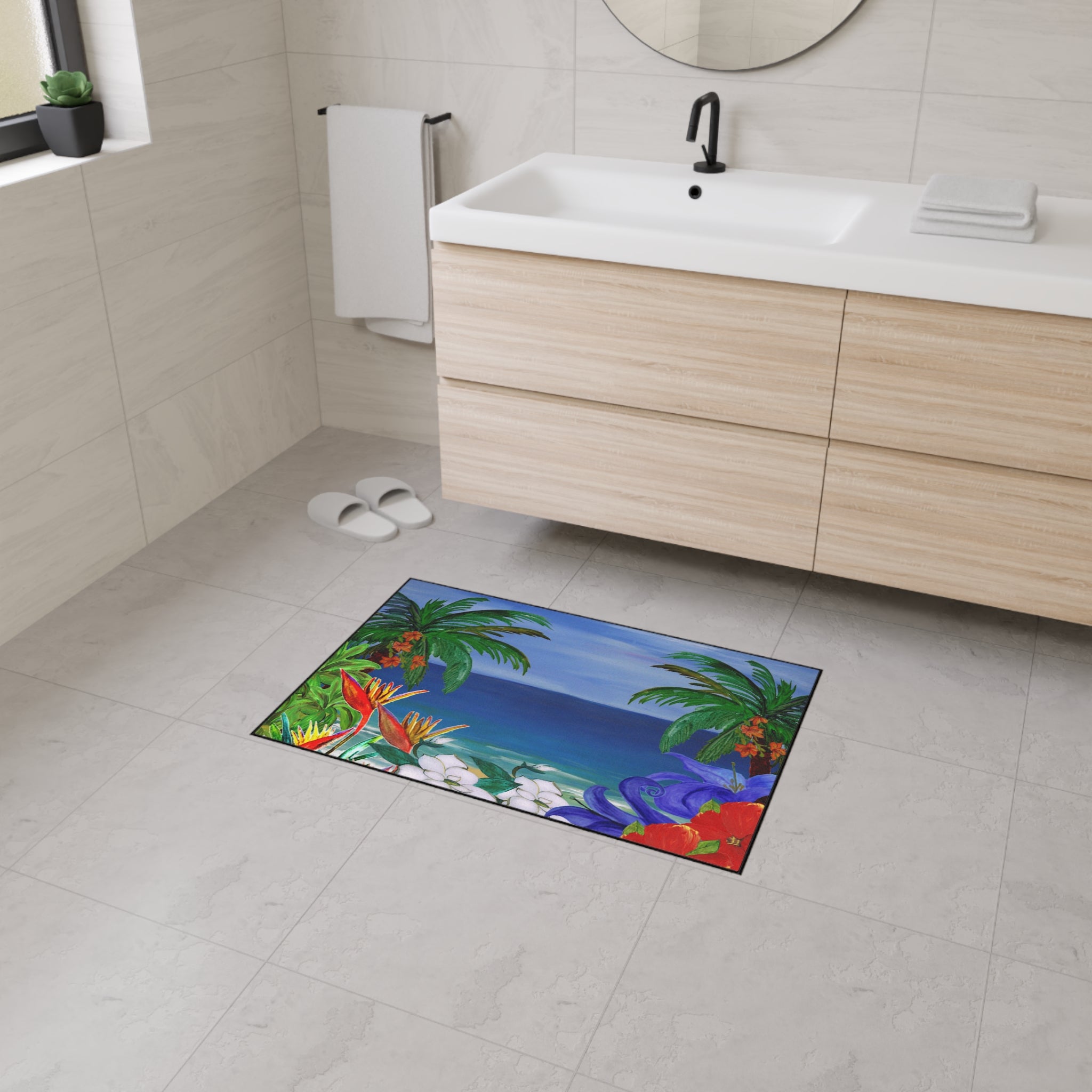 Tropical Beach Floor Mat — Heavy-Duty Outdoor/Indoor Doormat with Palm Trees & Floral Design