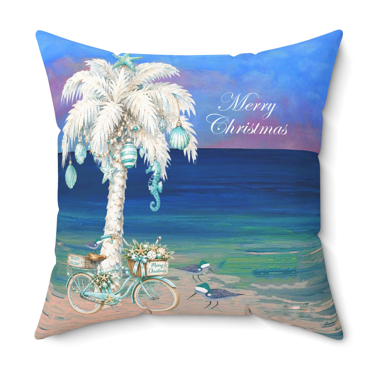 Coastal Christmas Pillow — Beach Palm Tree "Merry Christmas" Throw Pillow