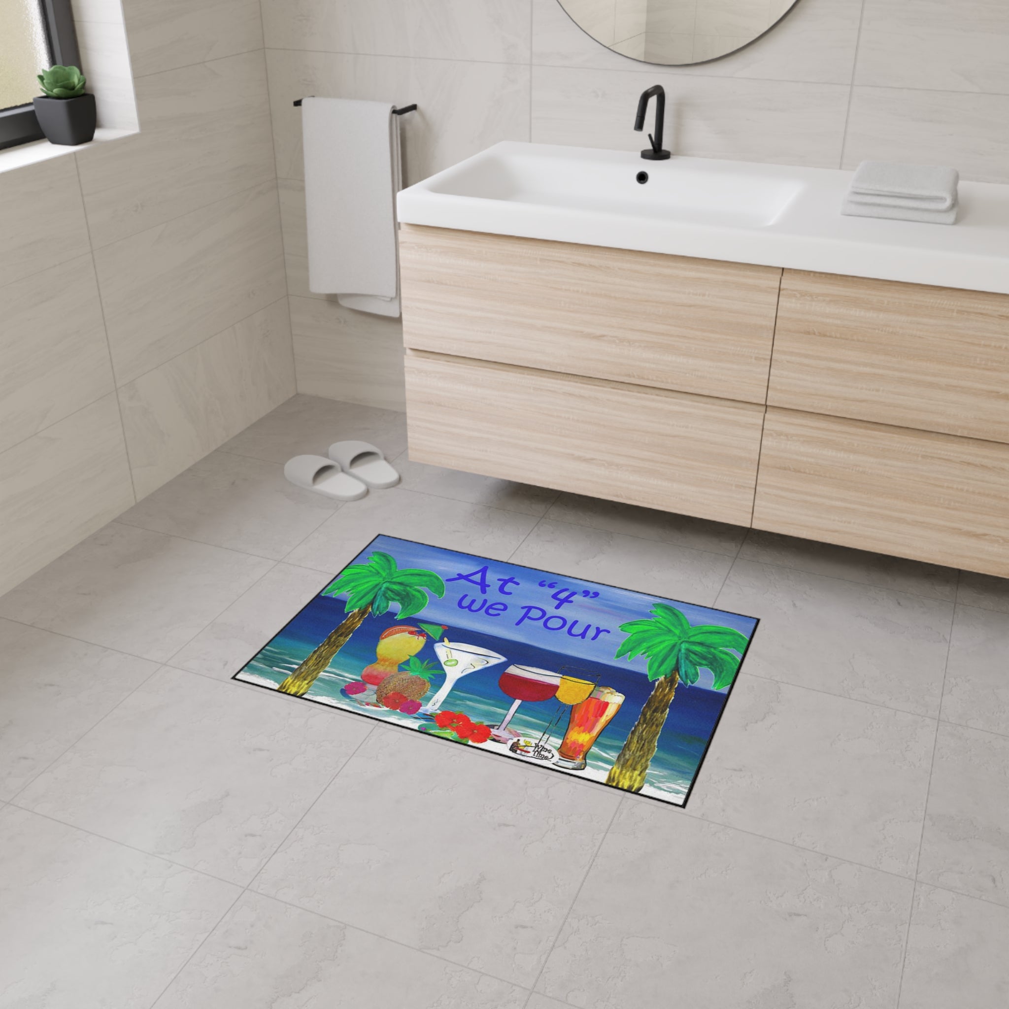 Heavy Duty Floor Mat — "At '4' We Pour" Tropical Cocktail Beach Design