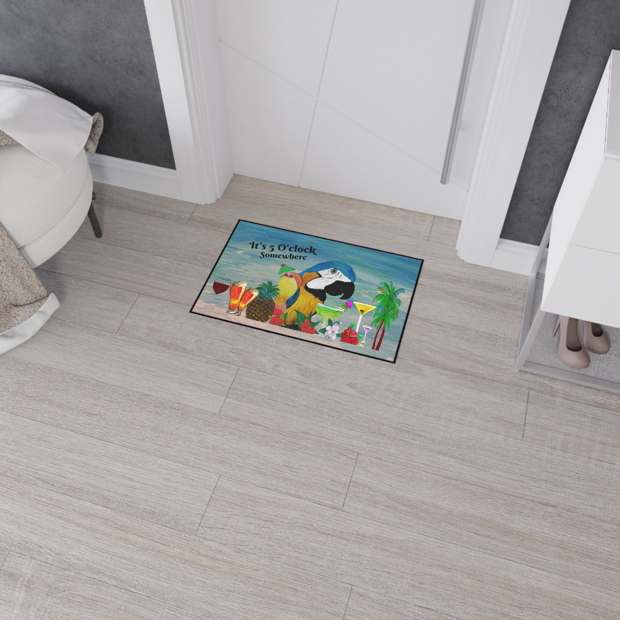 Parrot Bar Heavy Duty Floor Mat — "It's 5 O'Clock Somewhere" Tropical Parrot Drink Mat