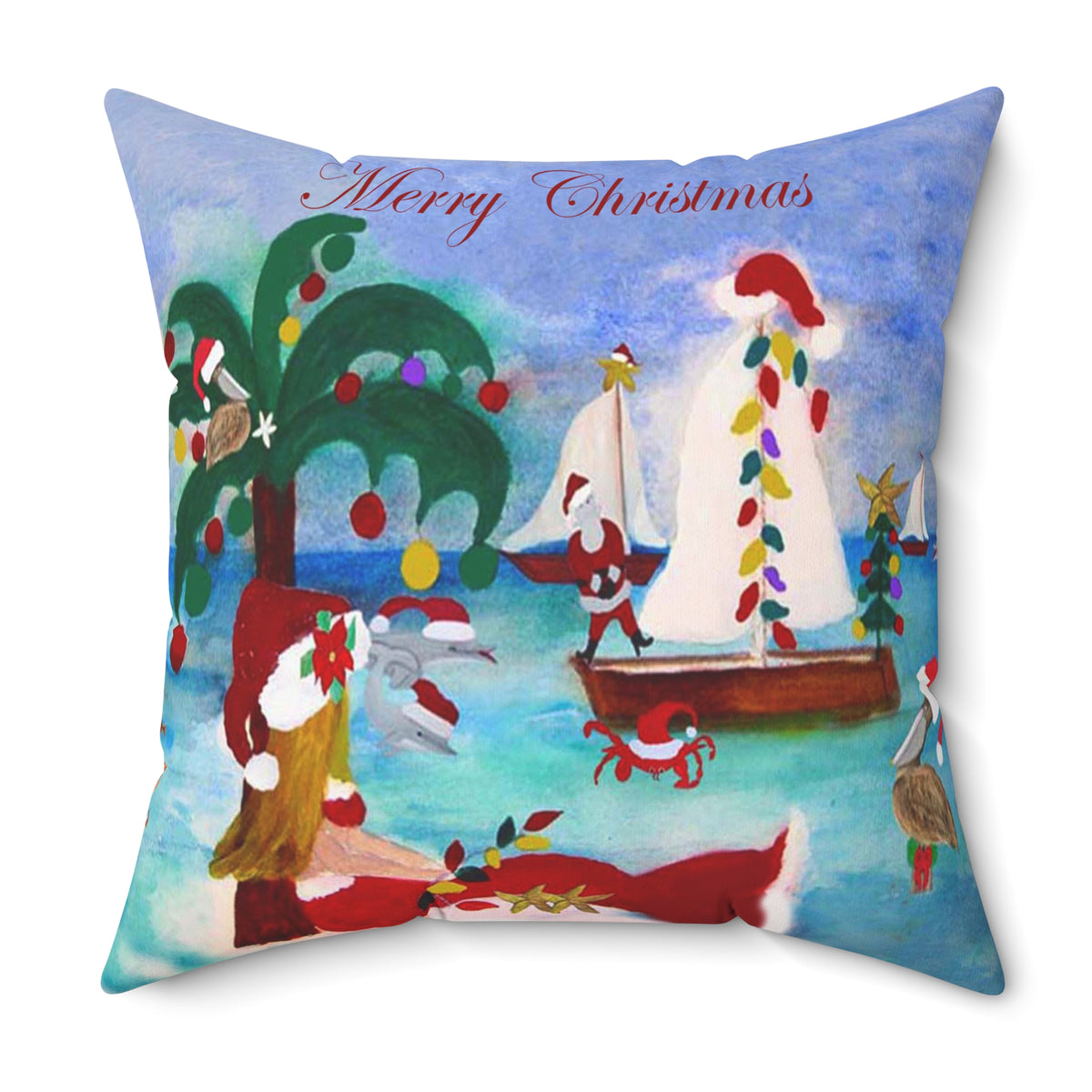 Christmas Coastal Pillow — 'Merry Christmas' Tropical Santa Decorative Throw Pillow