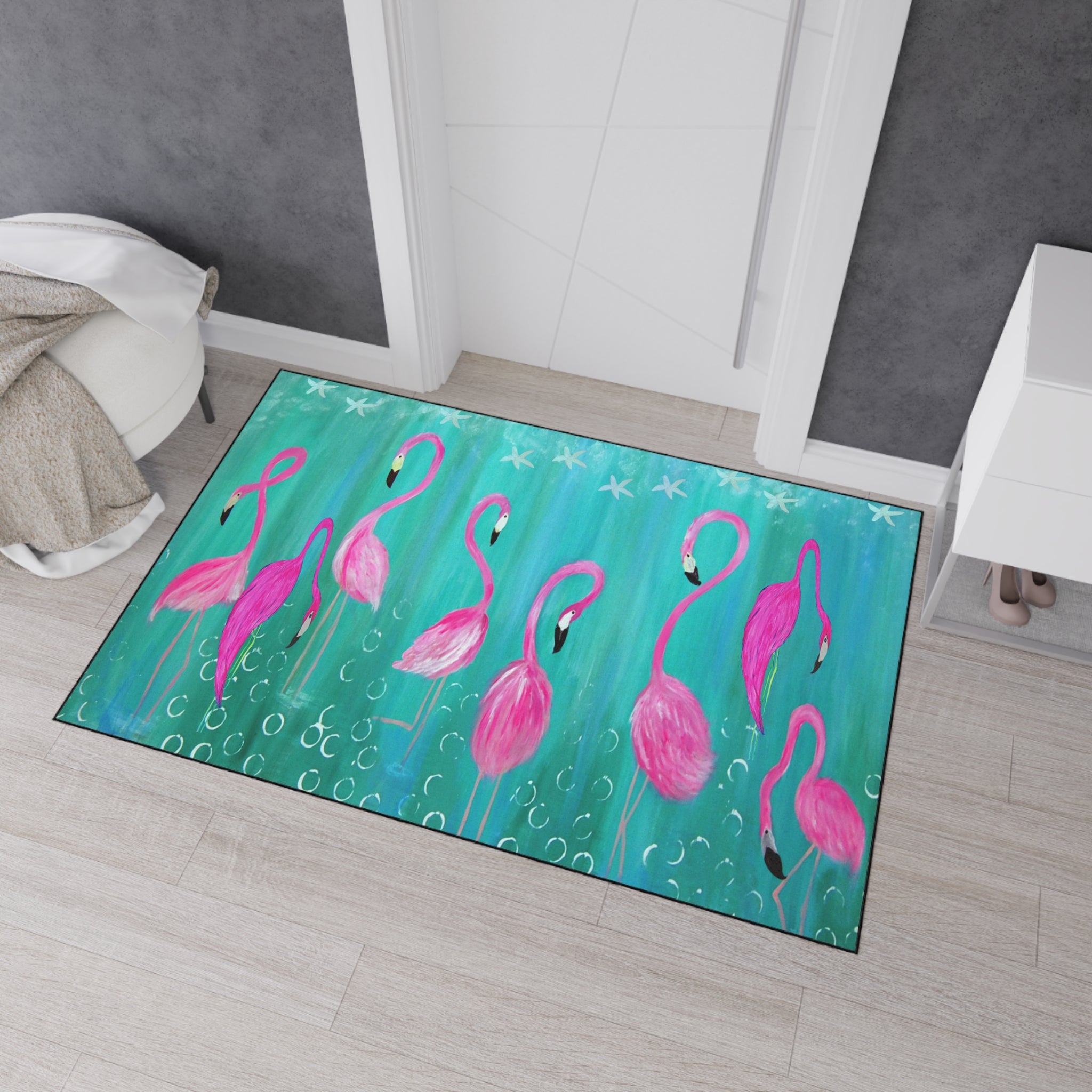 Flamingo Beach Floor Mat — Vibrant Pink Flamingos on Teal Non-Slip Mat