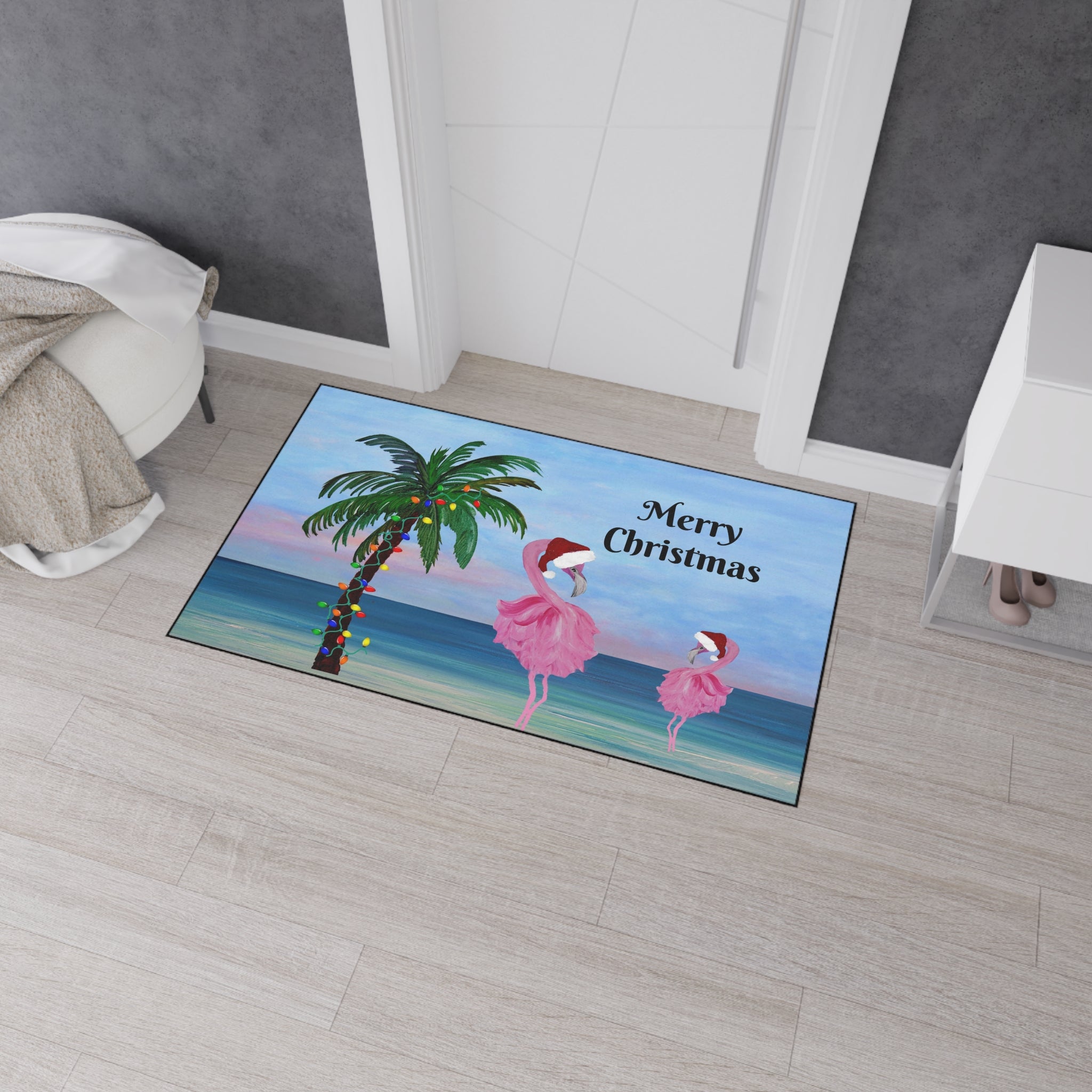 Christmas Beach Floor Mat — "Merry Christmas" Palm & Flamingo Holiday Doormat
