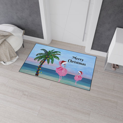 Christmas Beach Floor Mat — "Merry Christmas" Palm & Flamingo Holiday Doormat
