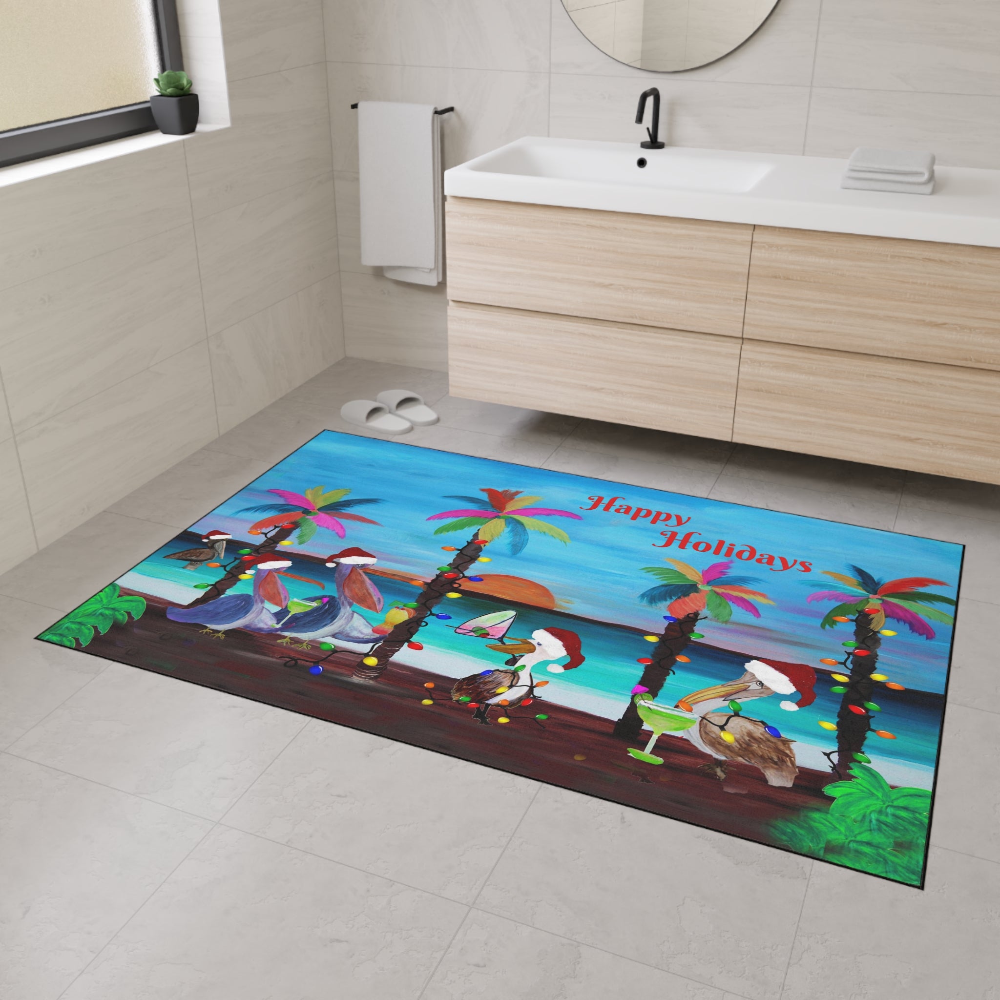 Christmas Pelican Party Cocktails Beach Mat — "Merry Christmas" Holiday Doormat
