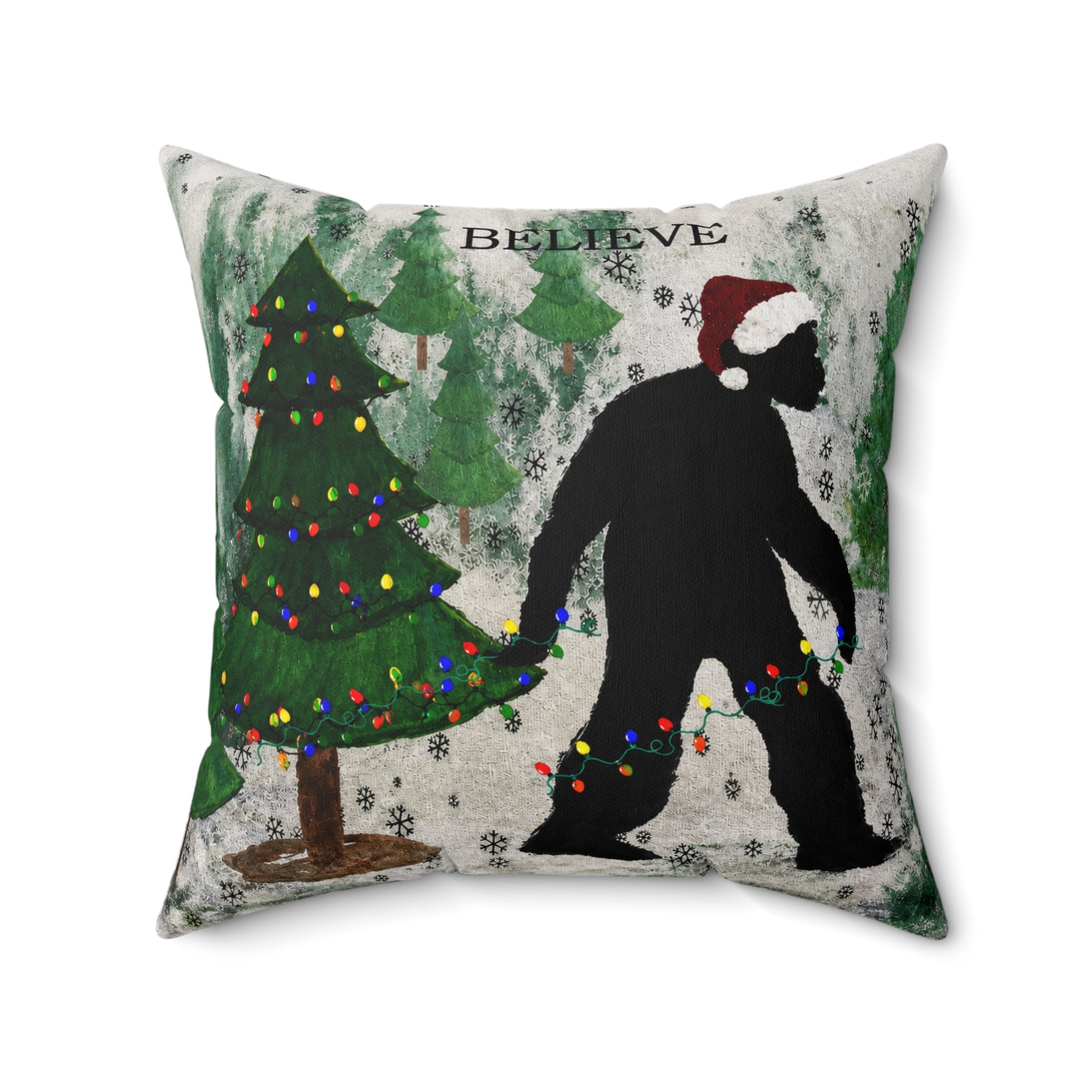 Christmas Bigfoot Pillow — 'Believe' Holiday Decorative Throw Pillow