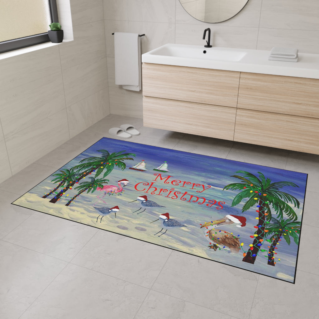 Coastal Christmas Floor Mat — “Merry Christmas” Palm Trees & Seagulls Heavy-Duty Doormat