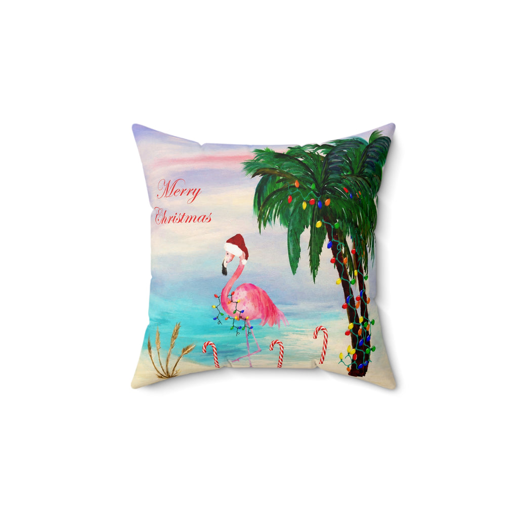 Christmas Flamingo Candy Canes Beach Pillow — Merry Christmas Tropical Holiday Throw Pillow