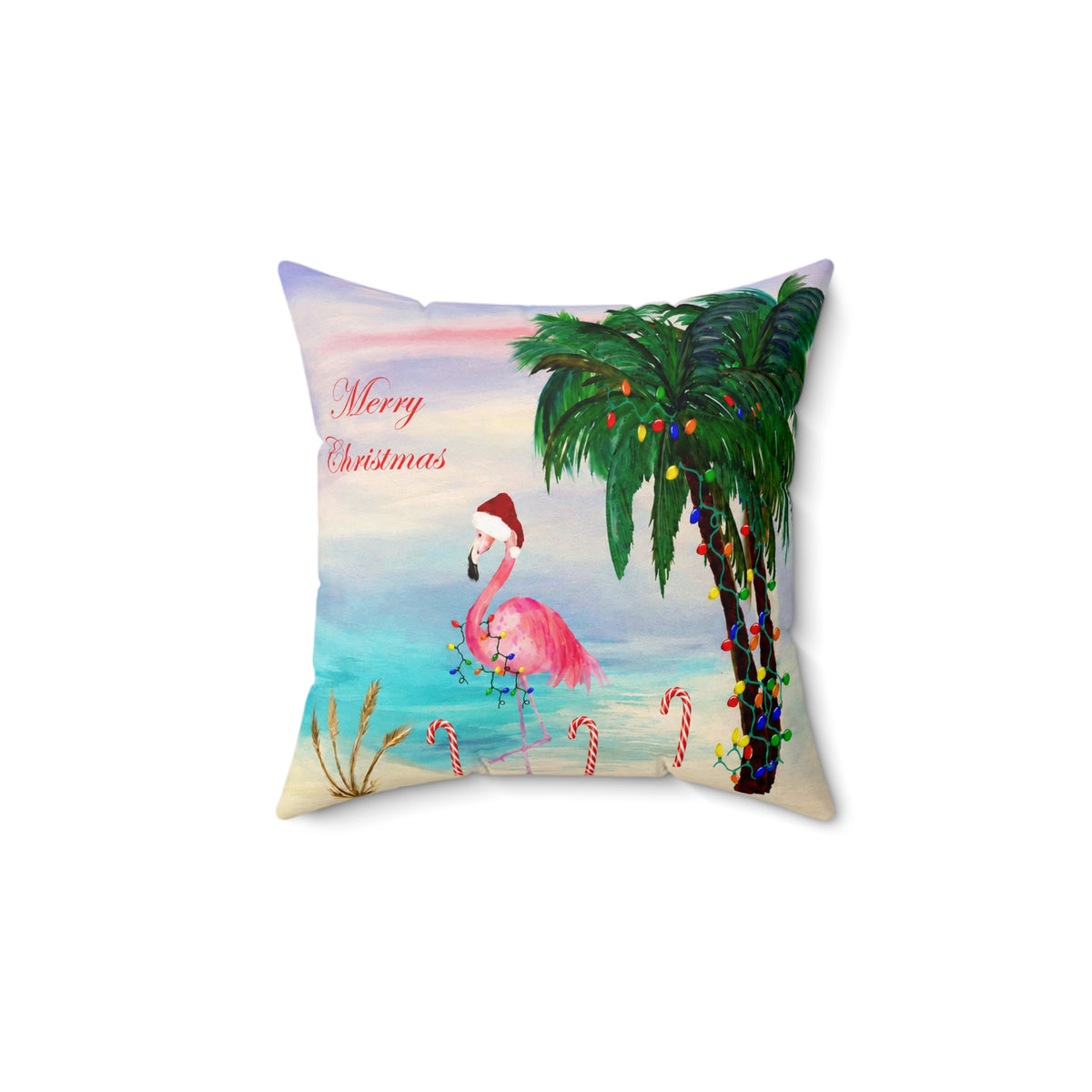 Christmas Flamingo Candy Canes Beach Pillow — Merry Christmas Tropical Holiday Throw Pillow