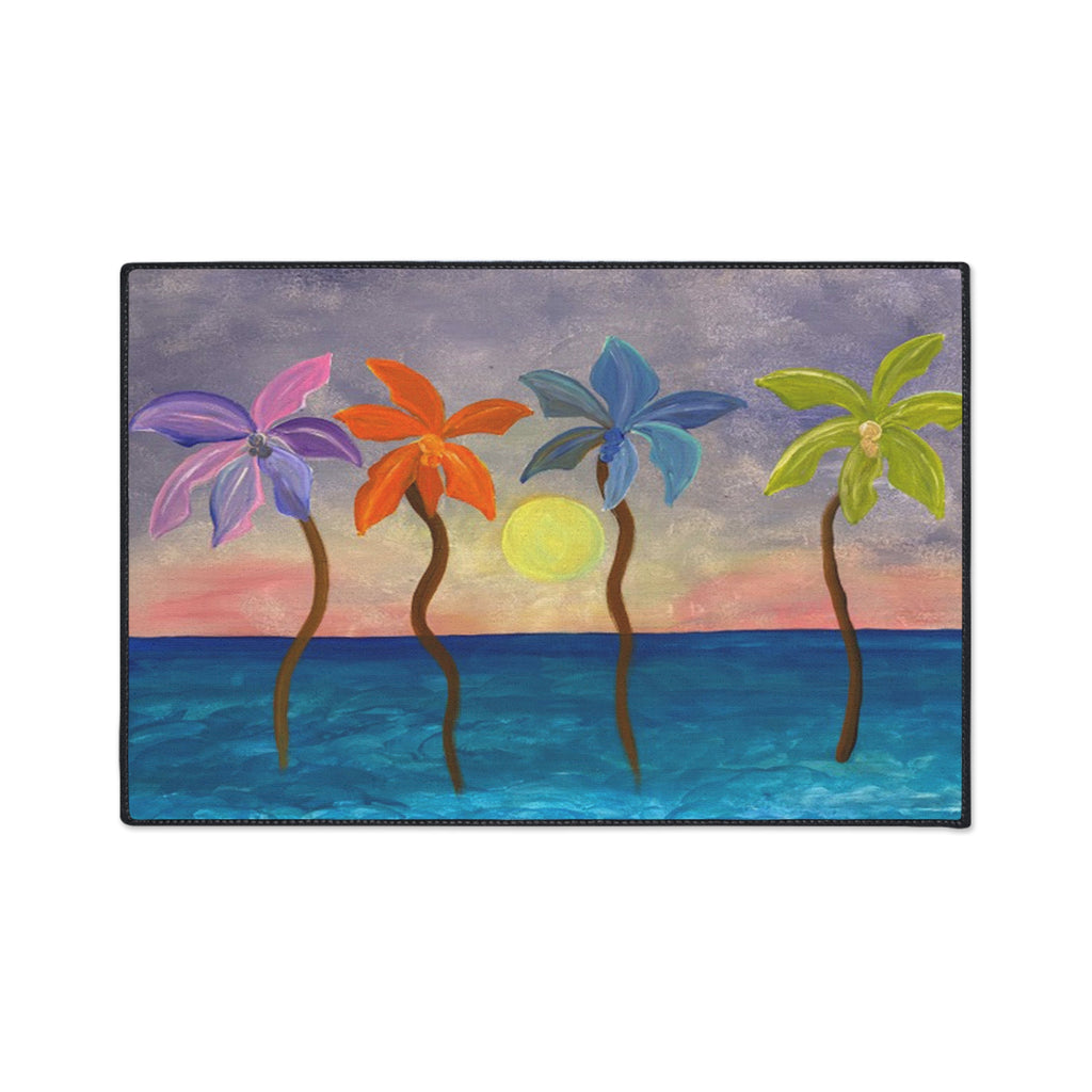 Tropical Sunset Colorful Palm Trees Floor Mat