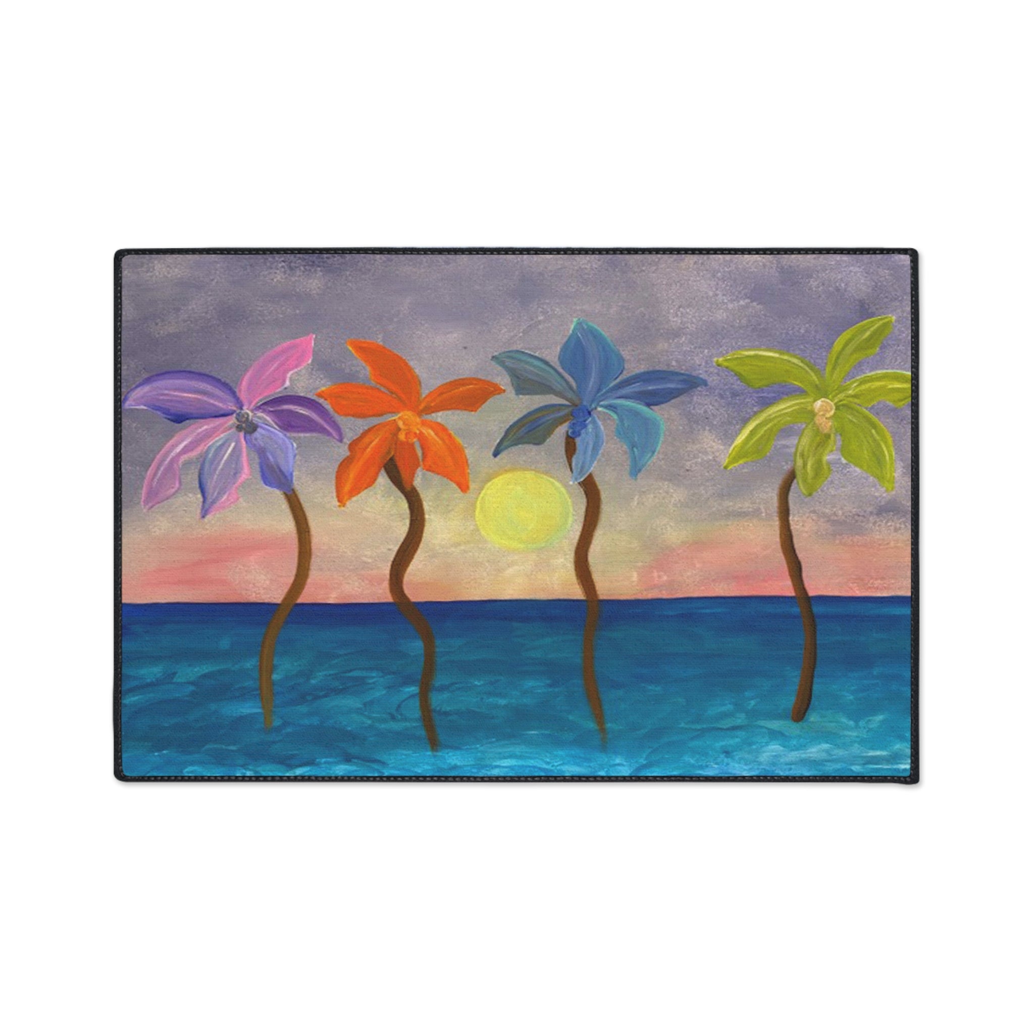Tropical Sunset Colorful Palm Trees Floor Mat