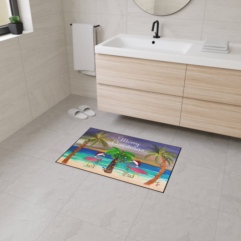 Christmas Beach Floor Mat — "Merry Christmas" Flamingo Palm Tree Doormat