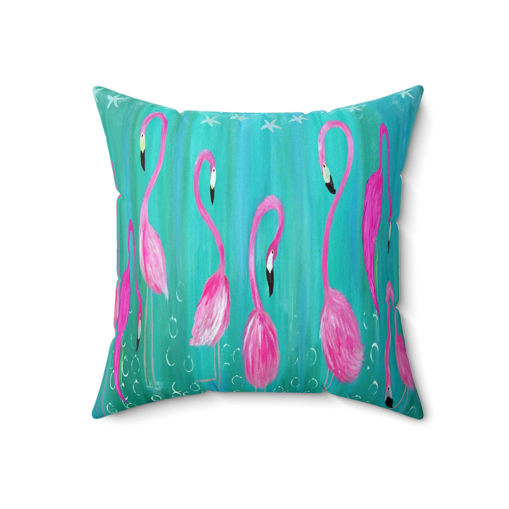 Pink Flamingo Throw Pillow – Tropical Coastal Decorative Square Pillow