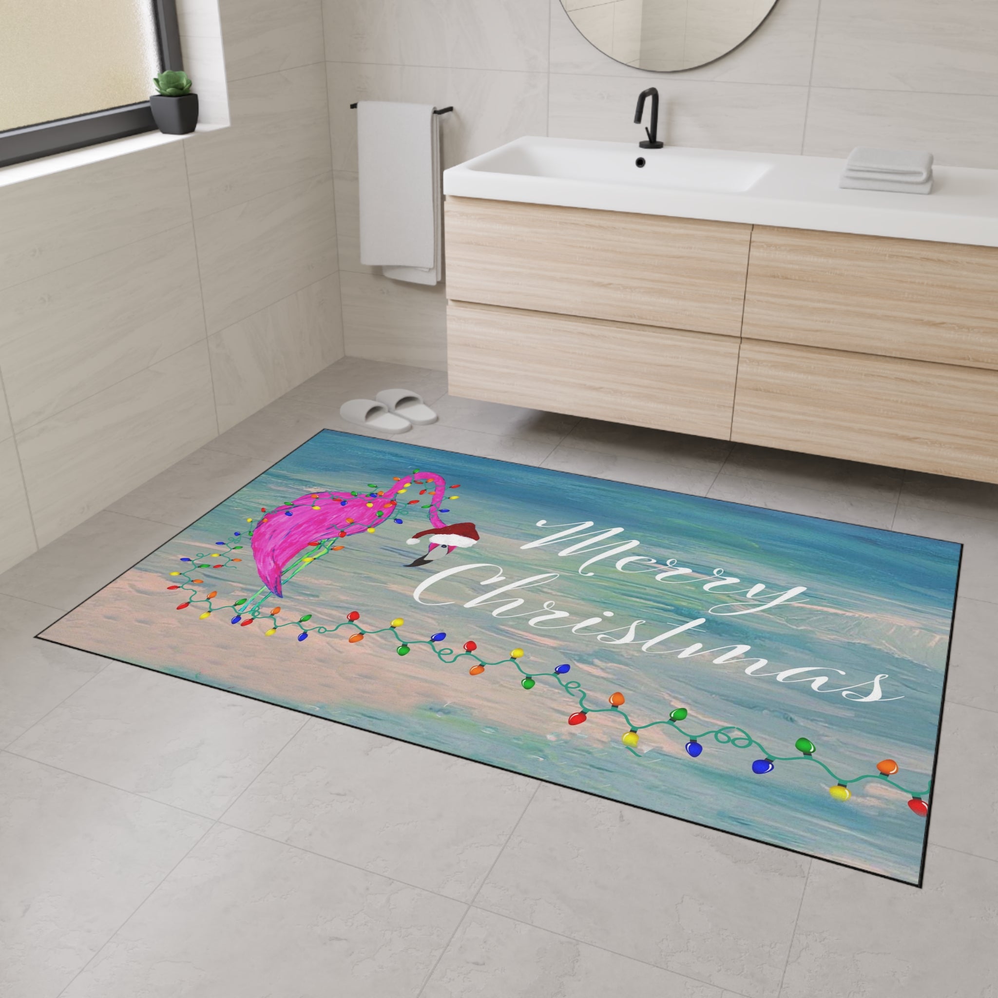 Christmas Flamingo Heavy-Duty Floor Mat — 'Merry Christmas' Holiday Doormat