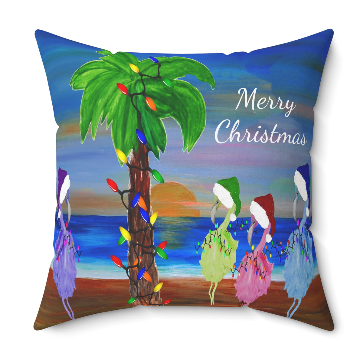 Flamingos Merry Christmas Tropical Palm Pillow — Festive Beach Holiday Decor