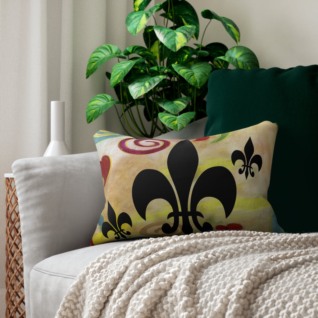 Fleur-de-Lis Decorative Lumbar Pillow — Colorful Swirls & Hearts Accent Cushion