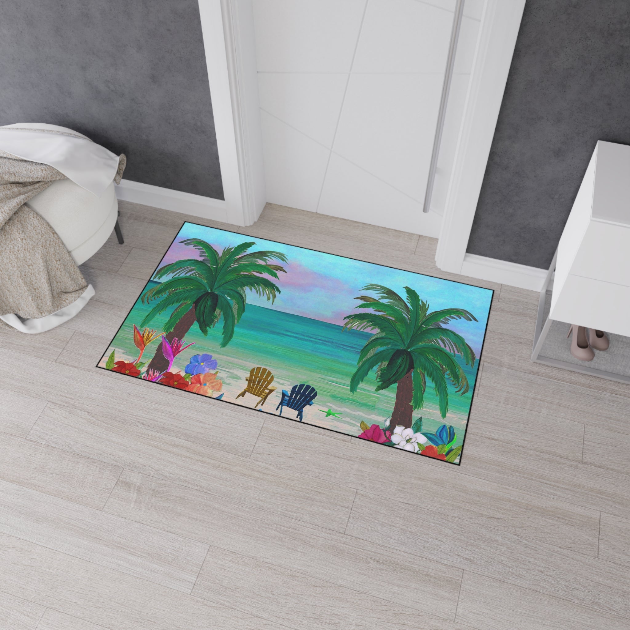 Tropical Beach Floor Mat — Palm Trees, Adirondack Chairs & Floral Welcome Doormat