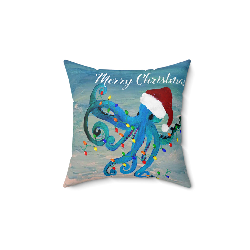 Merry Christmas Octopus Pillow — Festive Santa Hat Sea Creature Throw Pillow