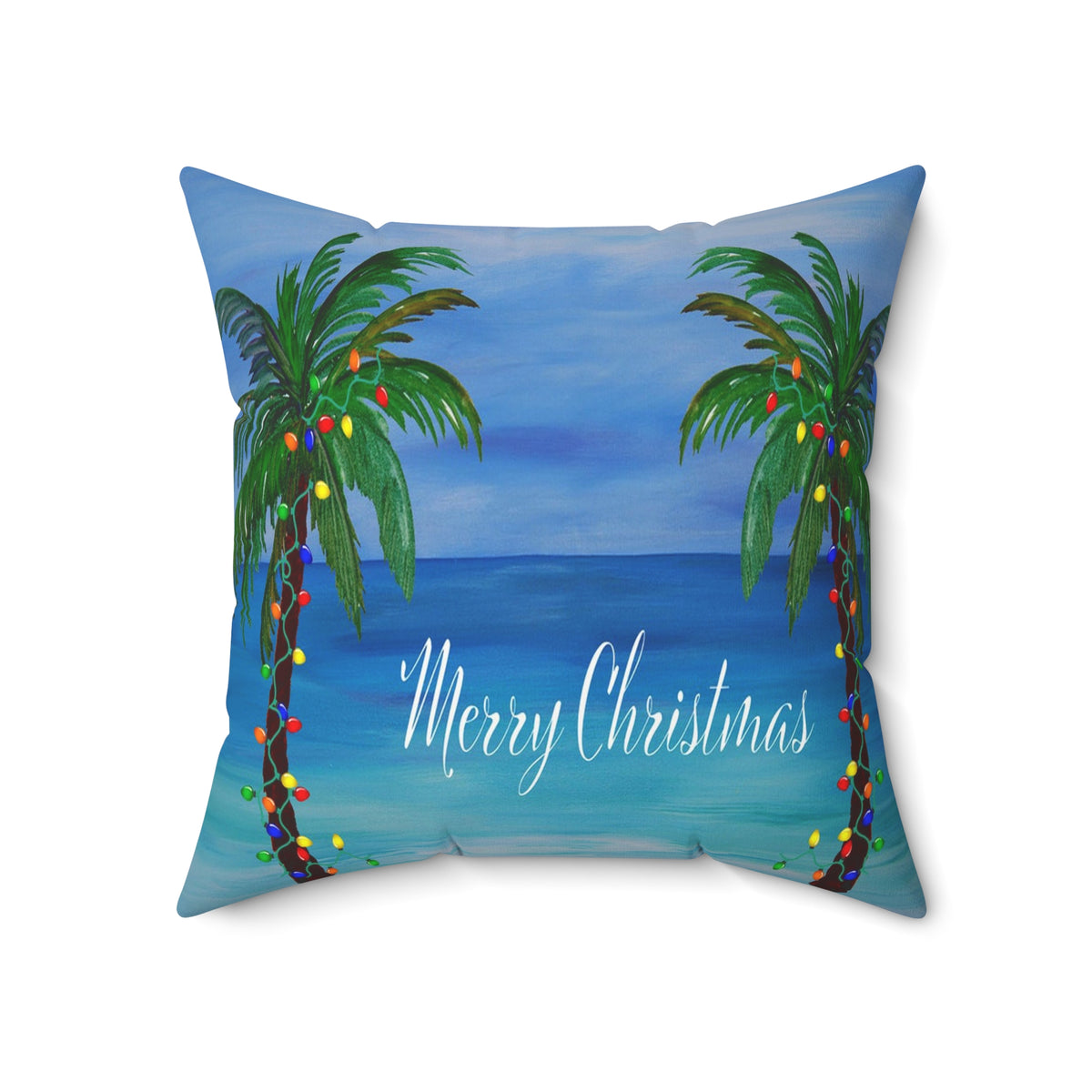 Merry Christmas Tropical Pillow — Palm Trees & Beach Holiday Throw Pillow