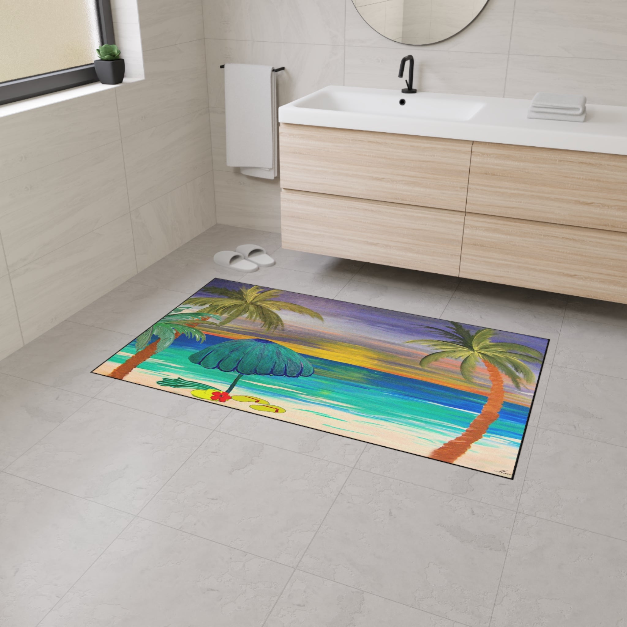 Tropical Sunset Beach Floor Mat — Palm Trees & Umbrella Seaside Doormat