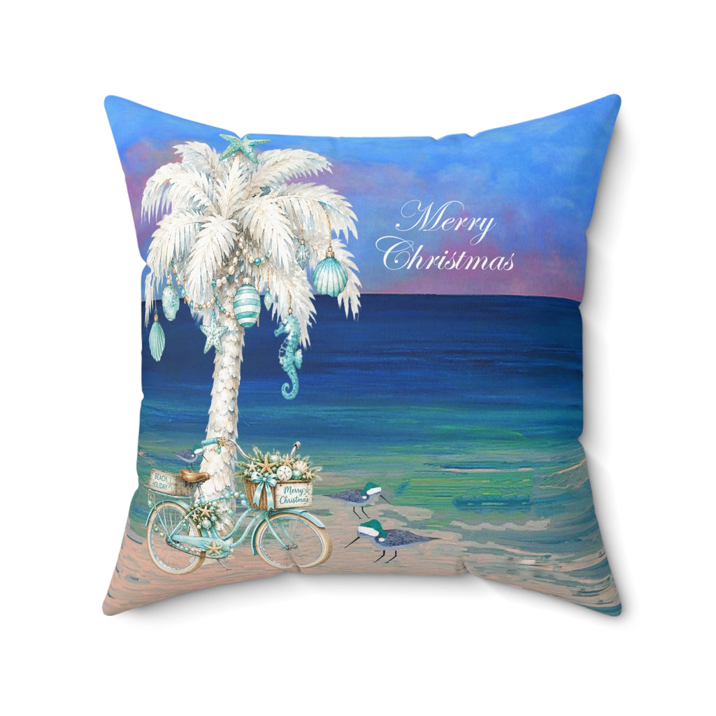 Coastal Christmas Pillow — Beach Palm Tree "Merry Christmas" Throw Pillow