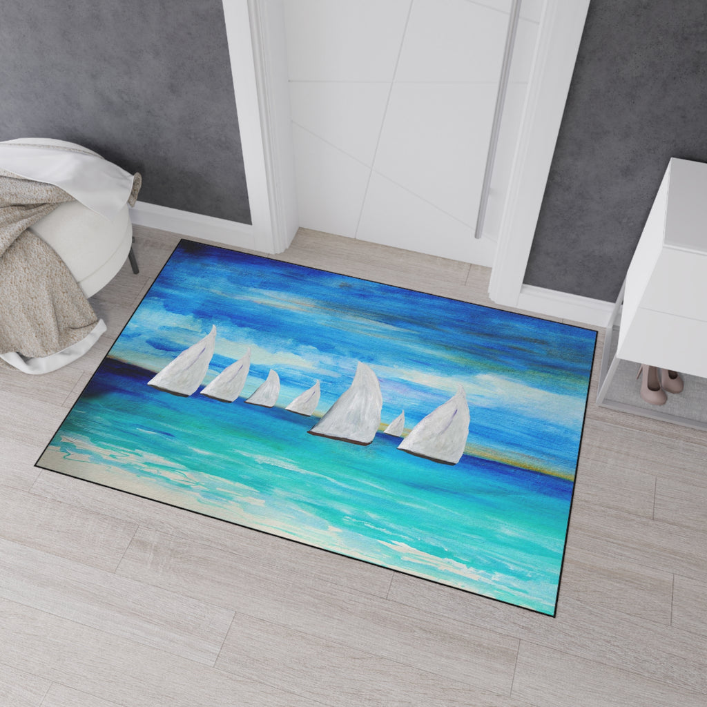 Sailboat Seascape Heavy-Duty Floor Mat — Coastal Nautical Entry Rug
