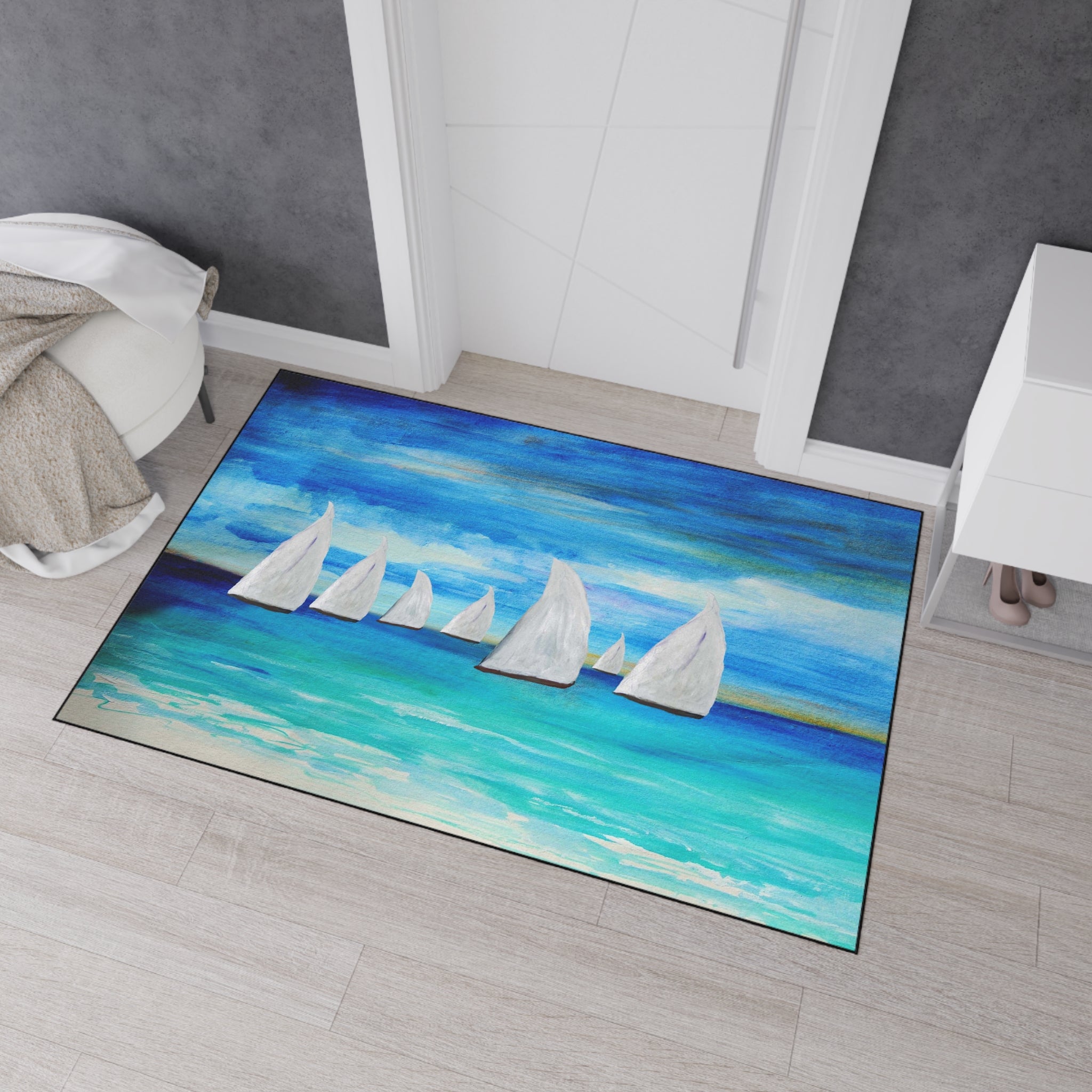 Sailboat Seascape Heavy-Duty Floor Mat — Coastal Nautical Entry Rug