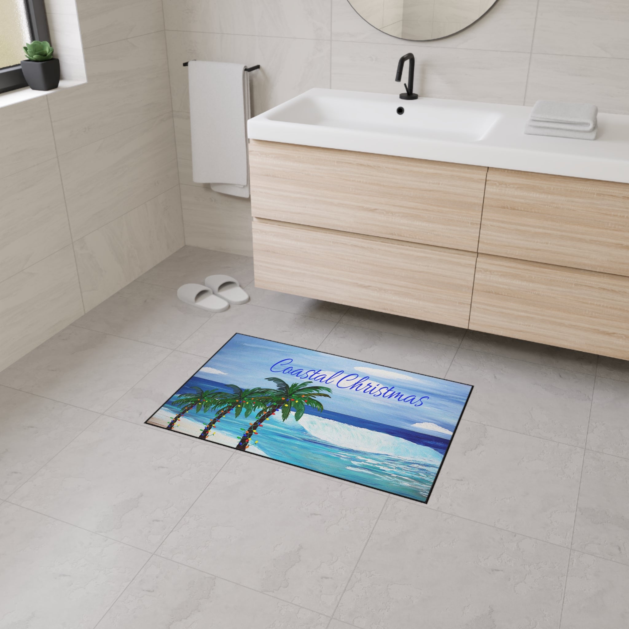 Coastal Christmas Floor Mat — Beach Palm Trees Holiday Doormat