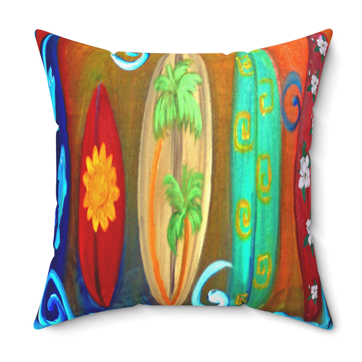 Surfboard Art Decorative Pillow — Colorful Tropical Beach Throw Pillow