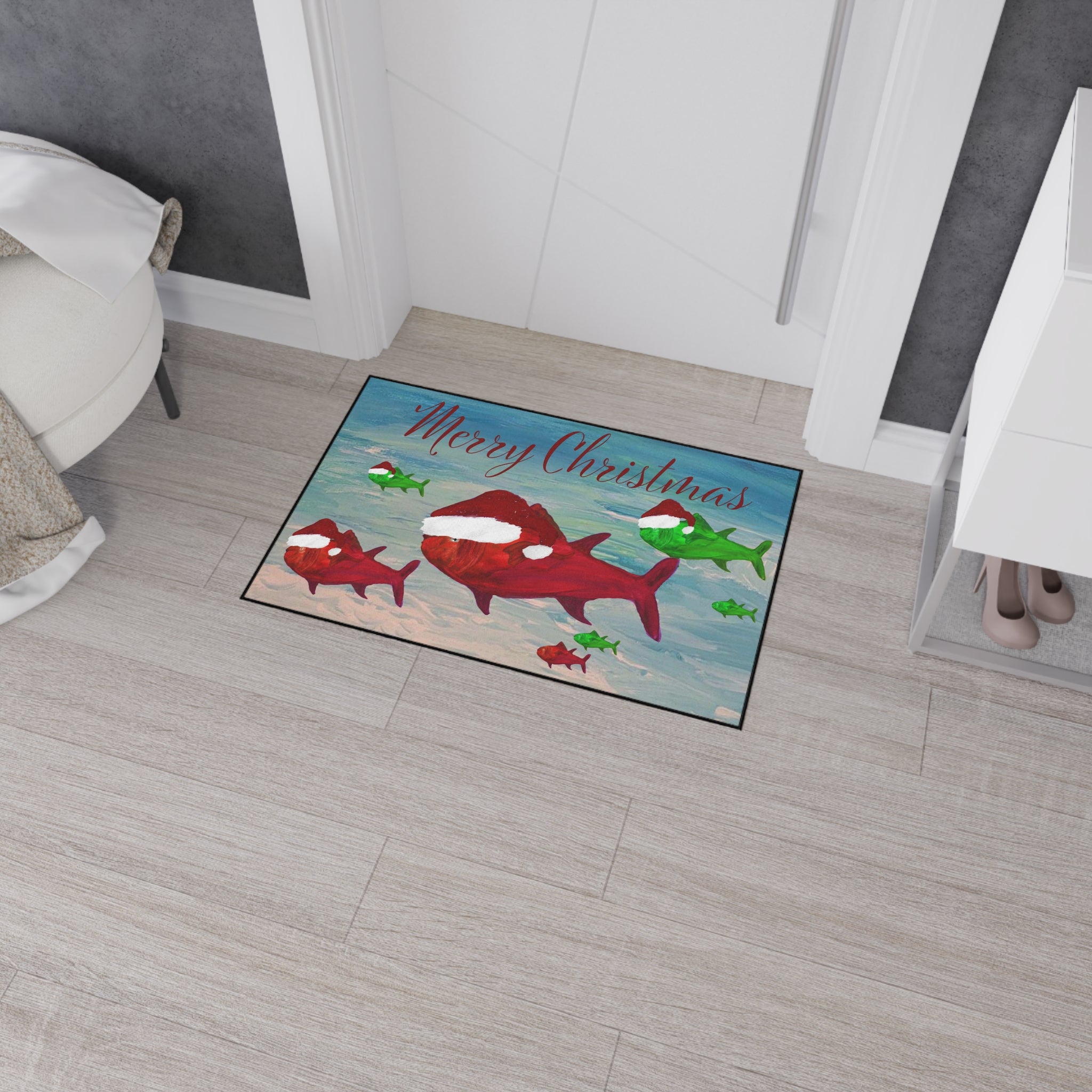 Christmas Fish Floor Mat — Merry Christmas Santa Hat Fish Holiday Door Mat
