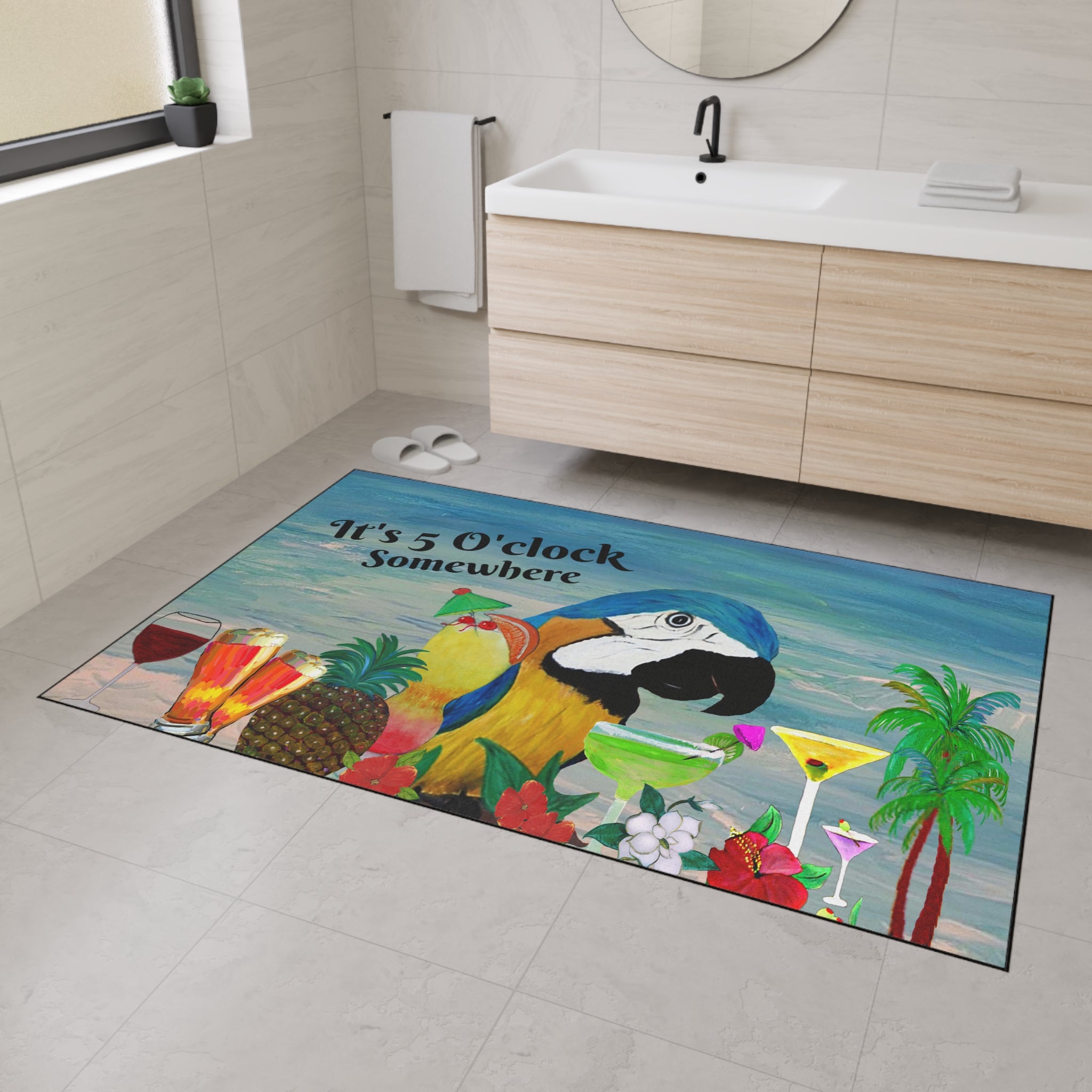 Parrot Bar Heavy Duty Floor Mat — "It's 5 O'Clock Somewhere" Tropical Parrot Drink Mat