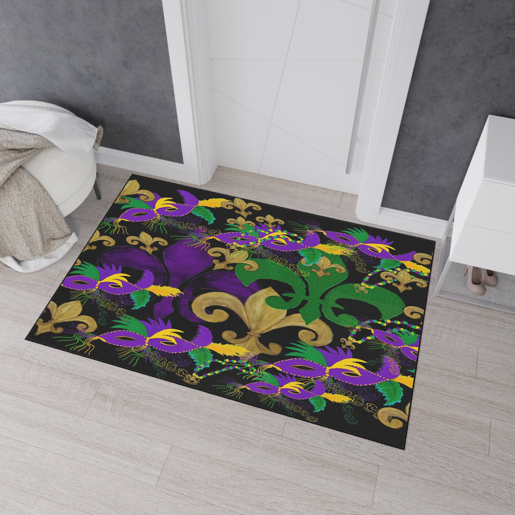 Mardi Gras Fleur-de-Lis Heavy Duty Floor Mat — Purple, Green & Gold Mask Design