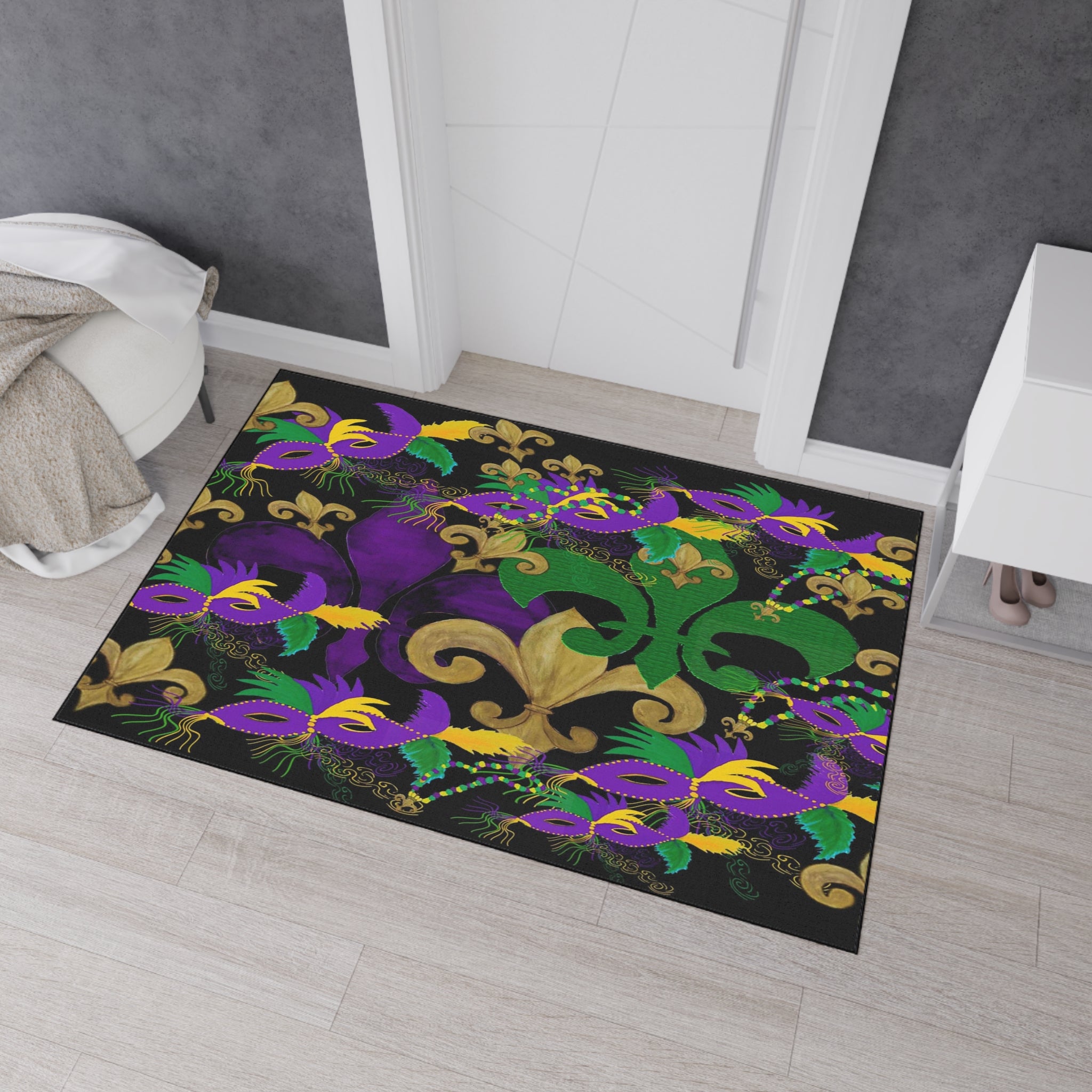 Mardi Gras Fleur-de-Lis Heavy Duty Floor Mat — Purple, Green & Gold Mask Design
