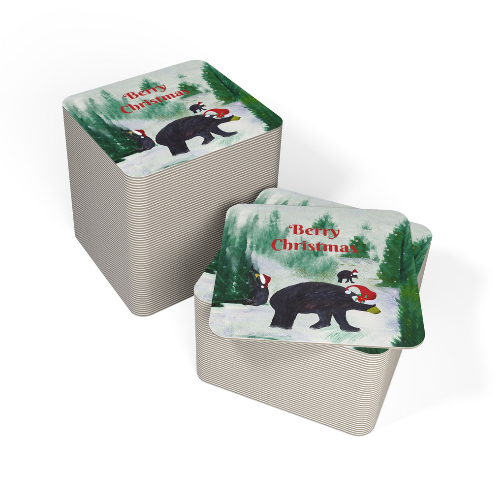 Christmas Bear Coasters — 'Berry Christmas' Holiday Drink Coasters (Set of 50/100)